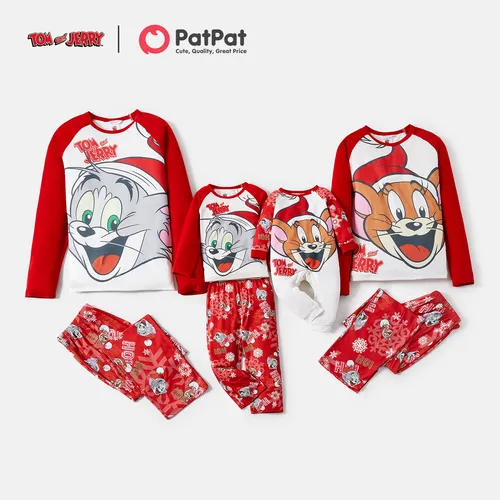 Tom and Jerry Family Matching Red Christmas Graphic Raglan-sleeve Pajamas Sets (Flame Resistant)