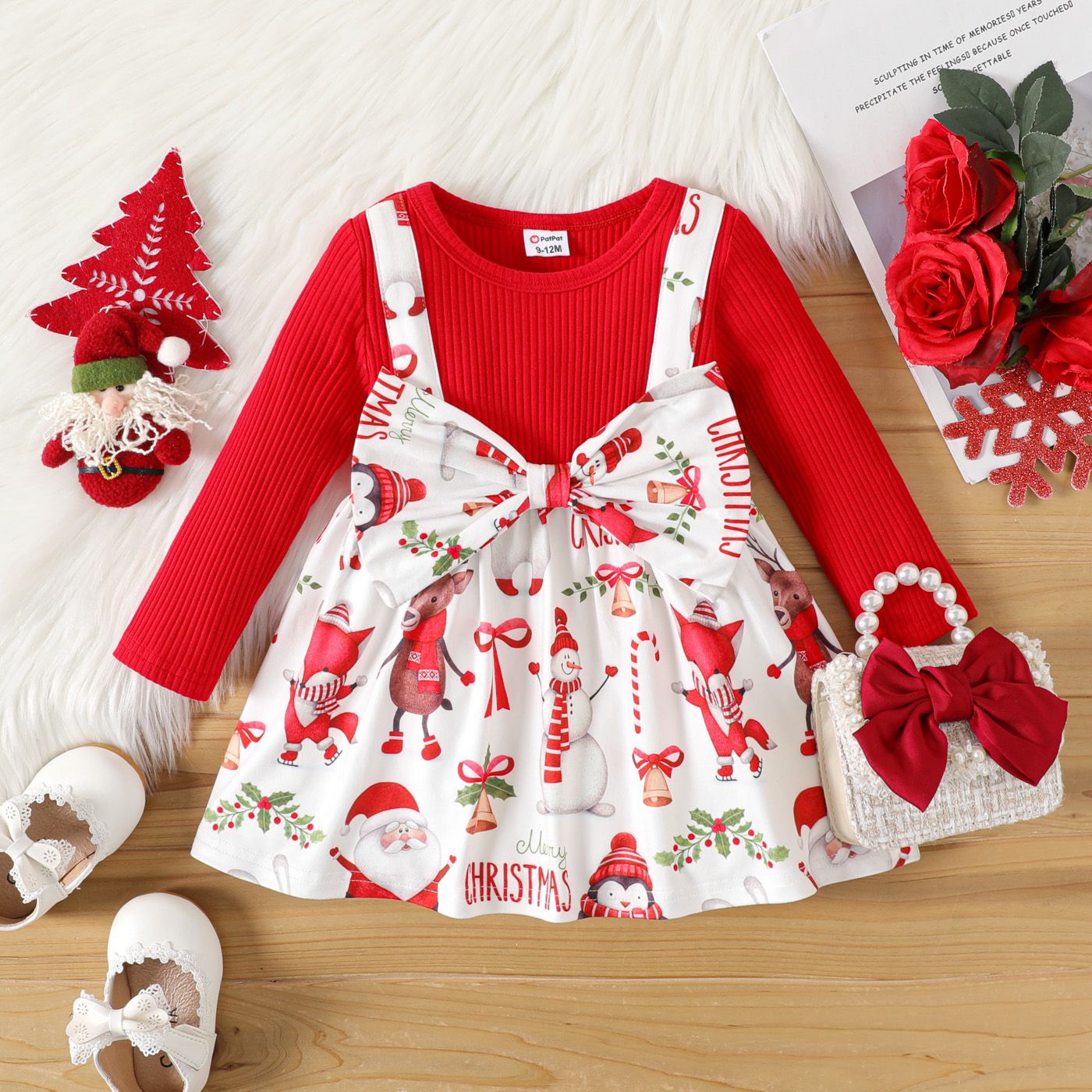 

Christmas Baby Girl Red Rib Knit Long-sleeve Faux-two Allover Print Bow Front Dress