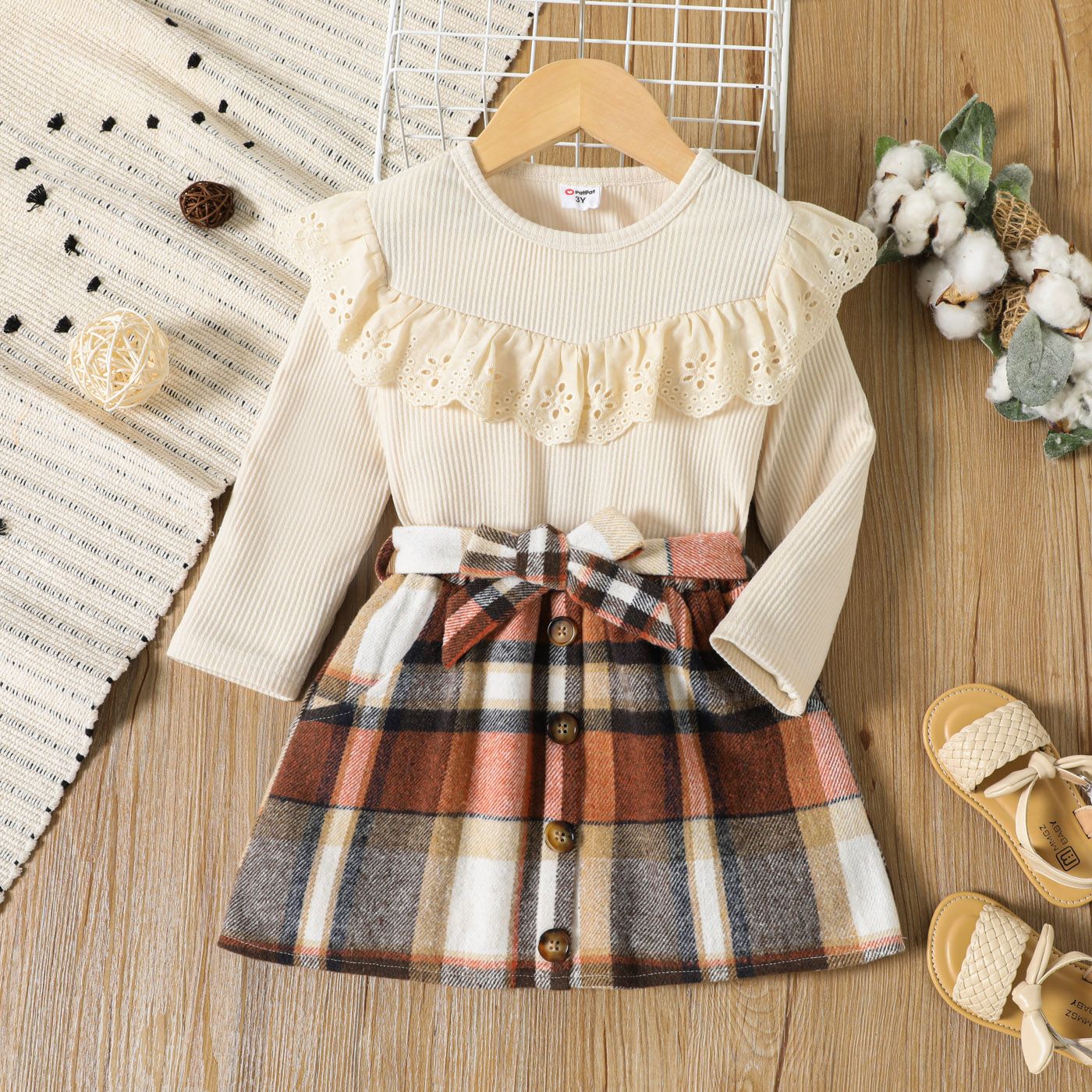 

2pcs Toddler Girl Ruffled Long-sleeve Tee and Button Design Plaid Belted Skirt Set