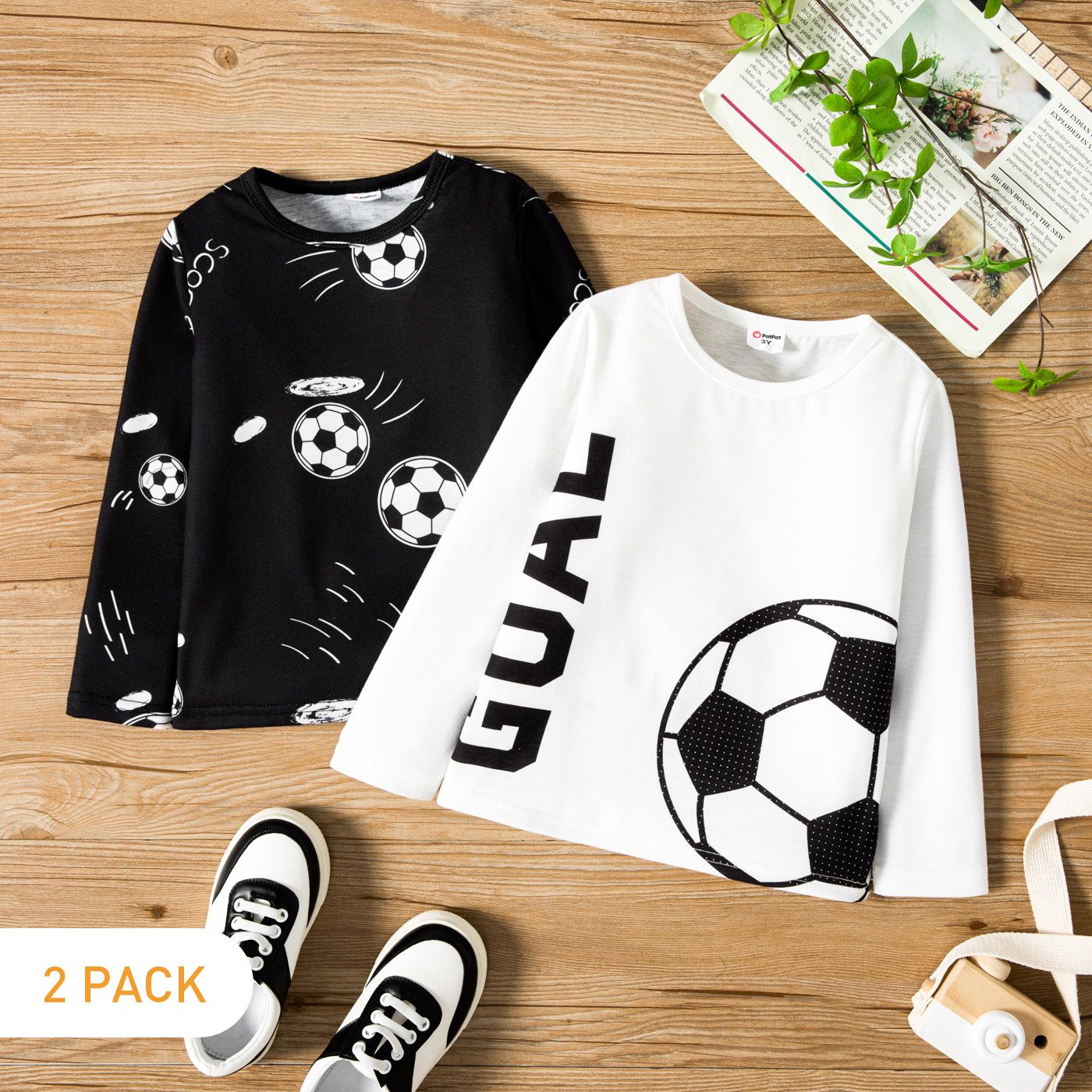 

Soccer Cup 2-Pack Toddler Boy Letter Soccer Ball Print Long-sleeve Tee