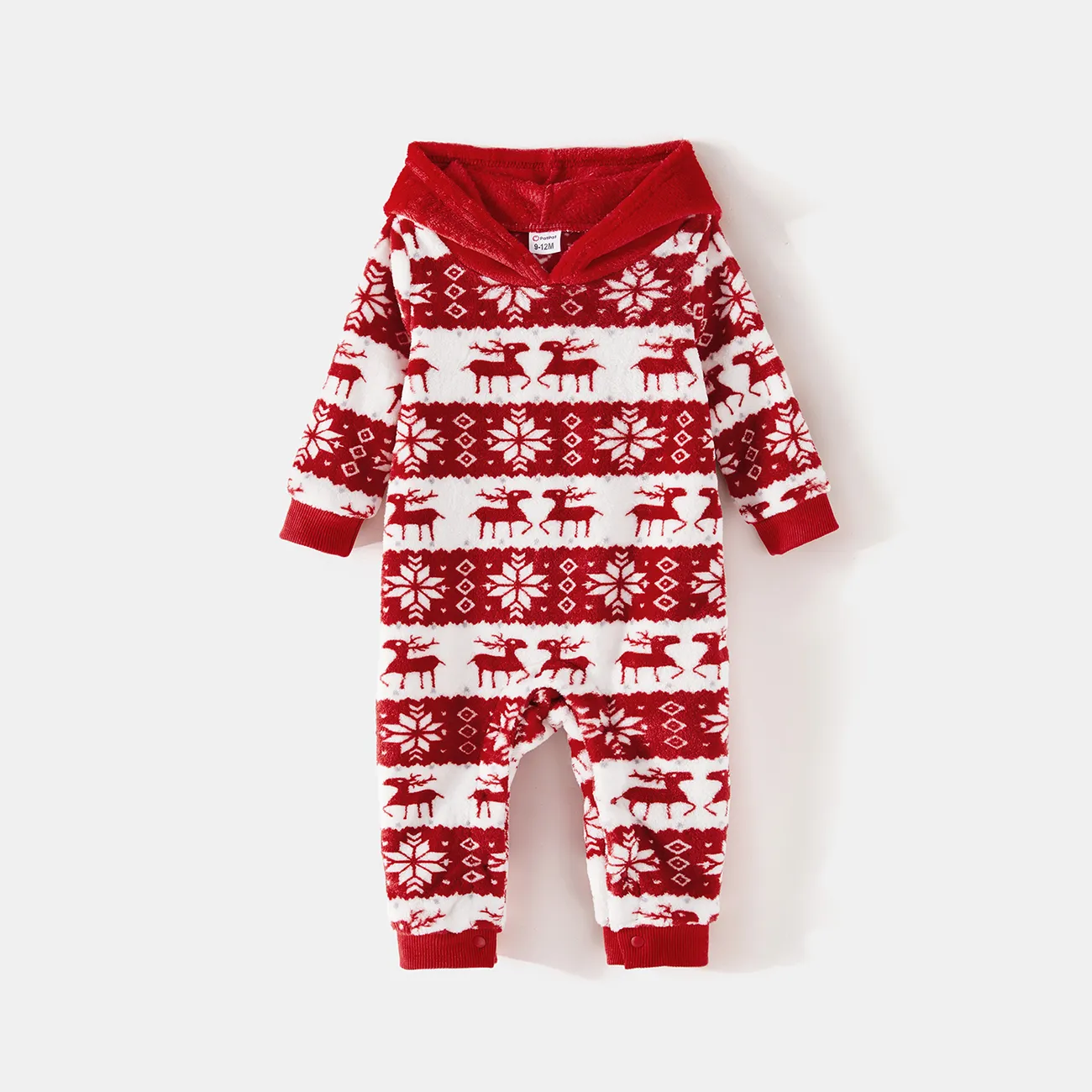 Christmas Family Matching Allover Deer & Snowflake Print Red Long-sleeve Fleece Hoodies REDWHITE big image 1
