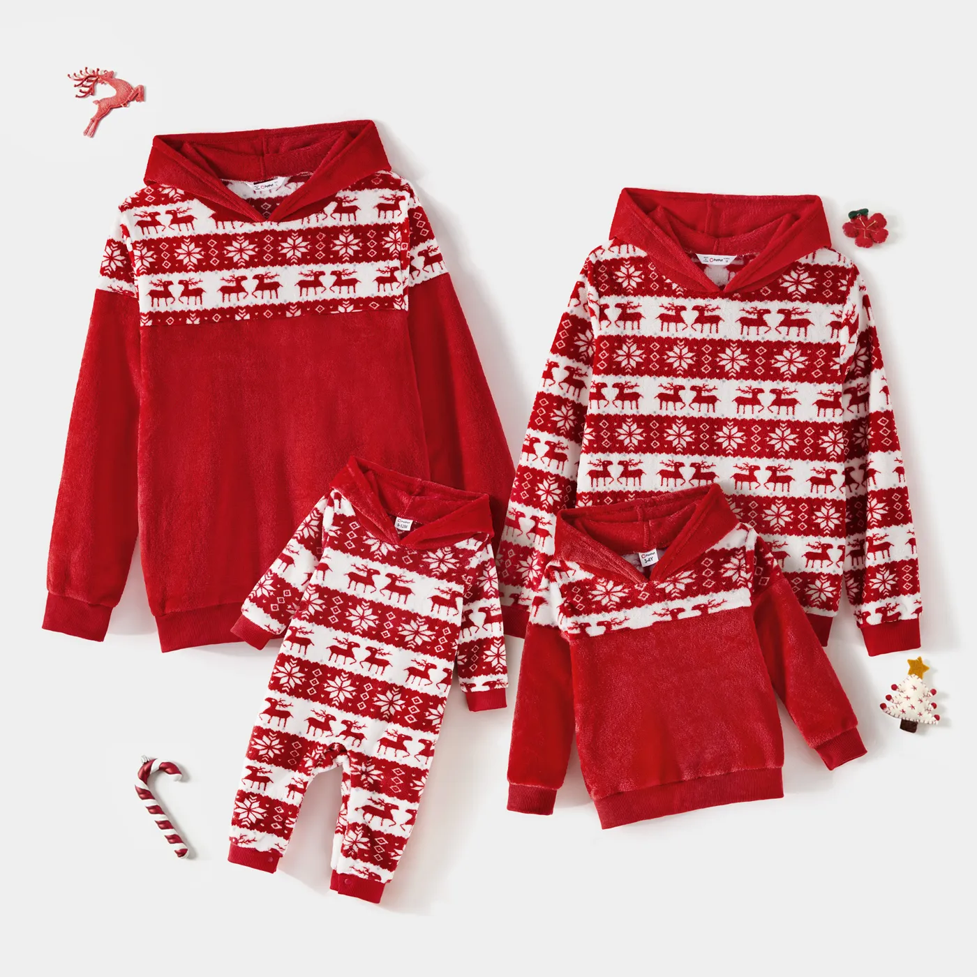 Christmas Family Matching Allover Deer & Snowflake Print Red Long-sleeve Fleece Hoodies REDWHITE image 3