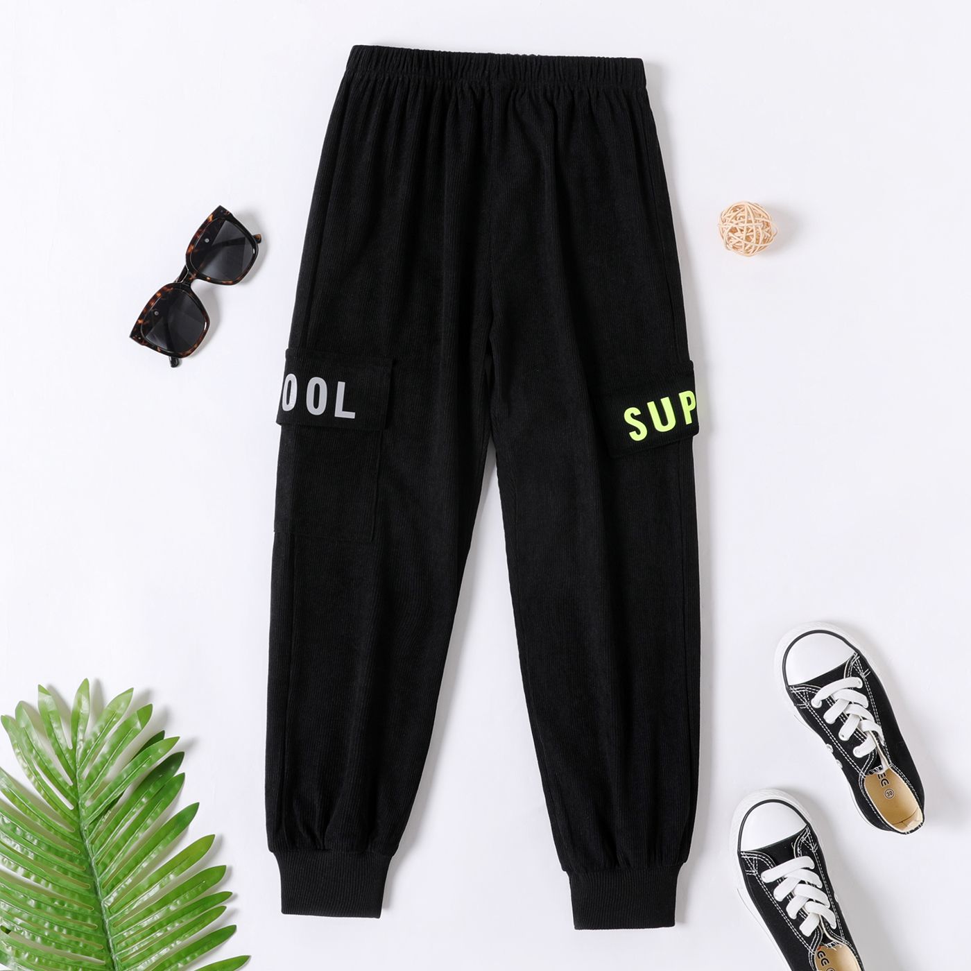 

Kid Boy Letter Print Luminous Elasticized Corduroy Pants