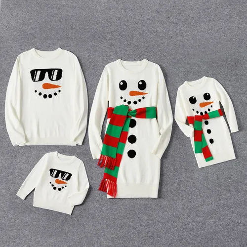 Christmas Family Matching Snowman Graphic White Knitted Belted Dresses and Tops Sets