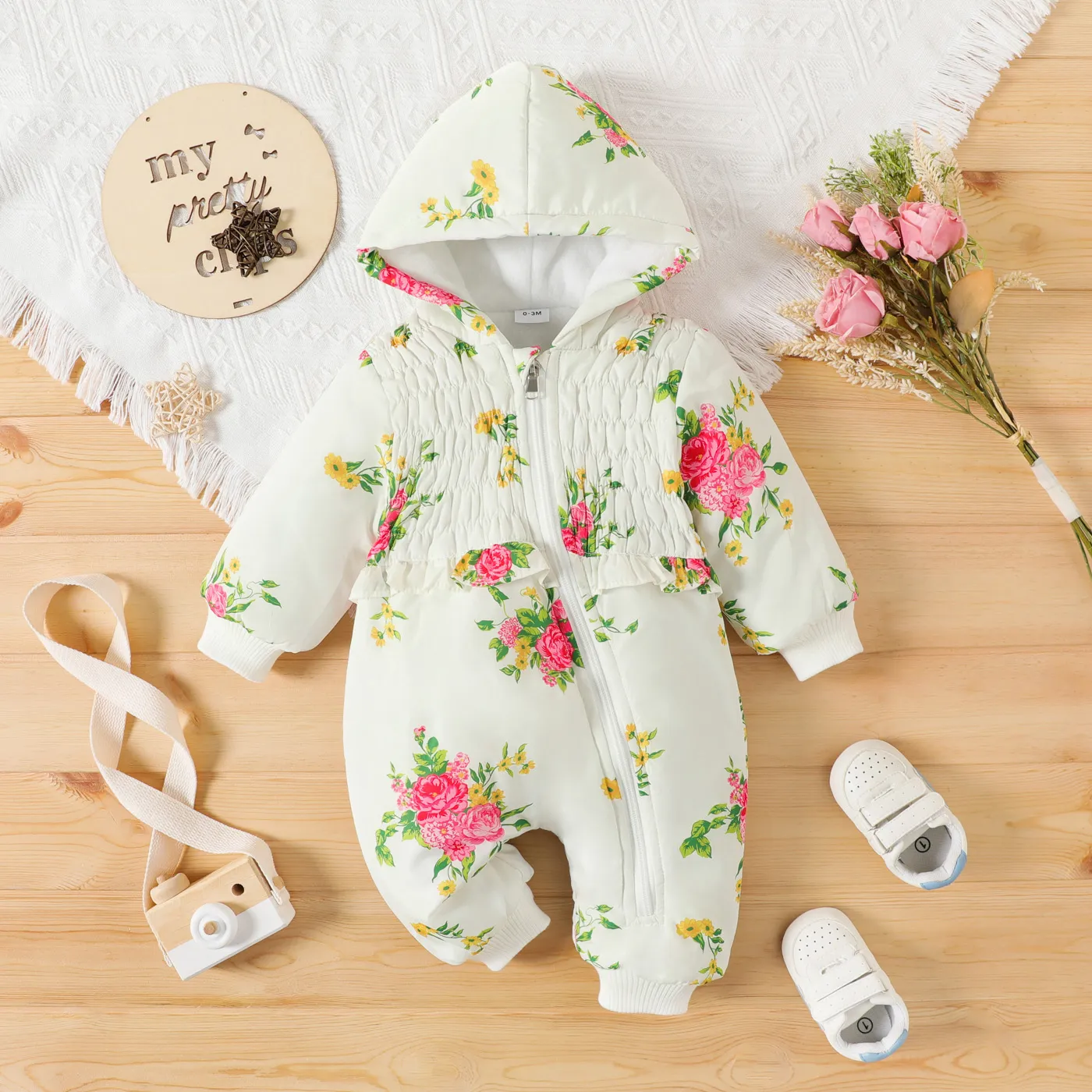 Baby Girl Thermal Lined Allover Floral Print Hooded Long-sleeve Shirred Zipper Jumpsuit