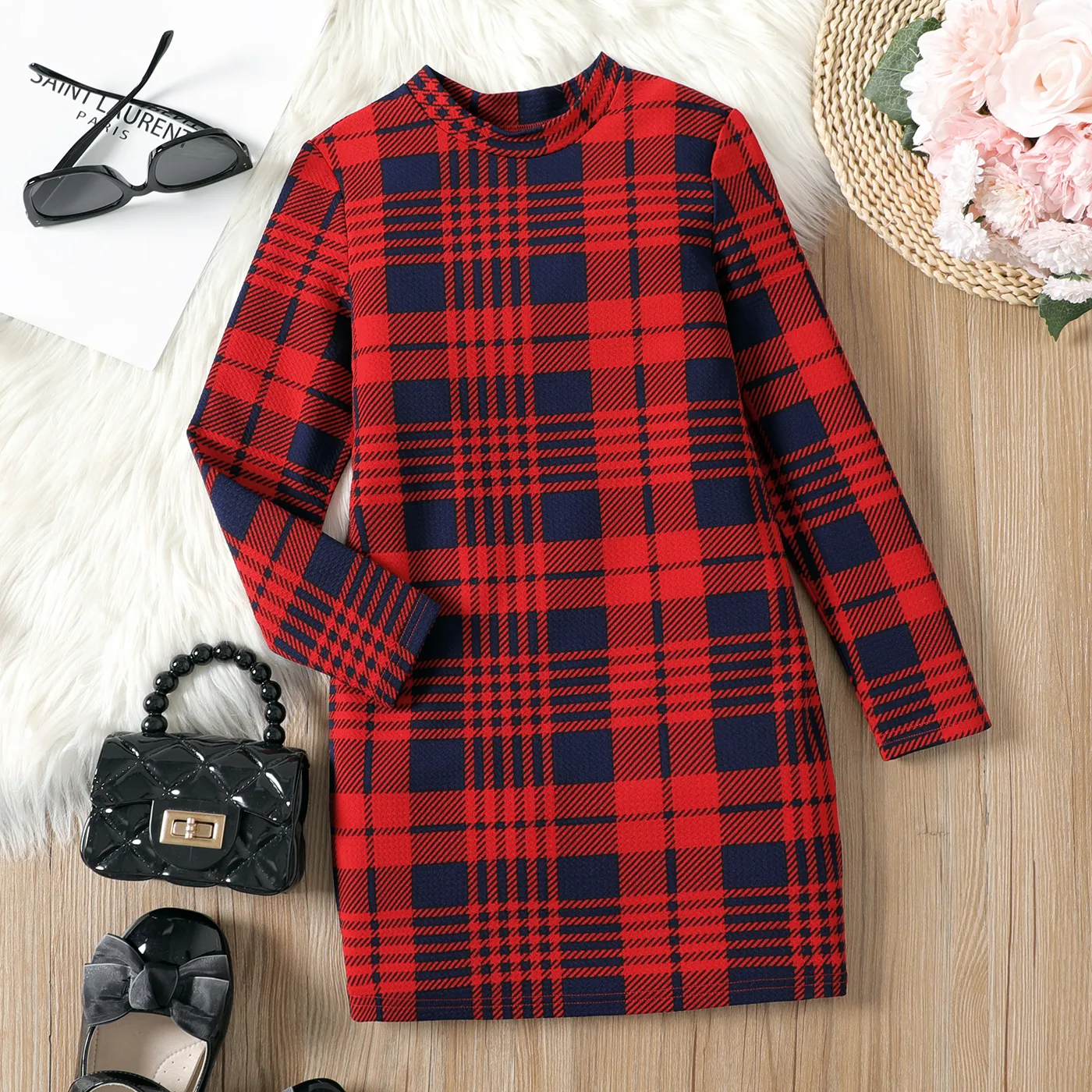 Kid Girl Plaid Stand Collar Long-sleeve Dress Redandbluegrid