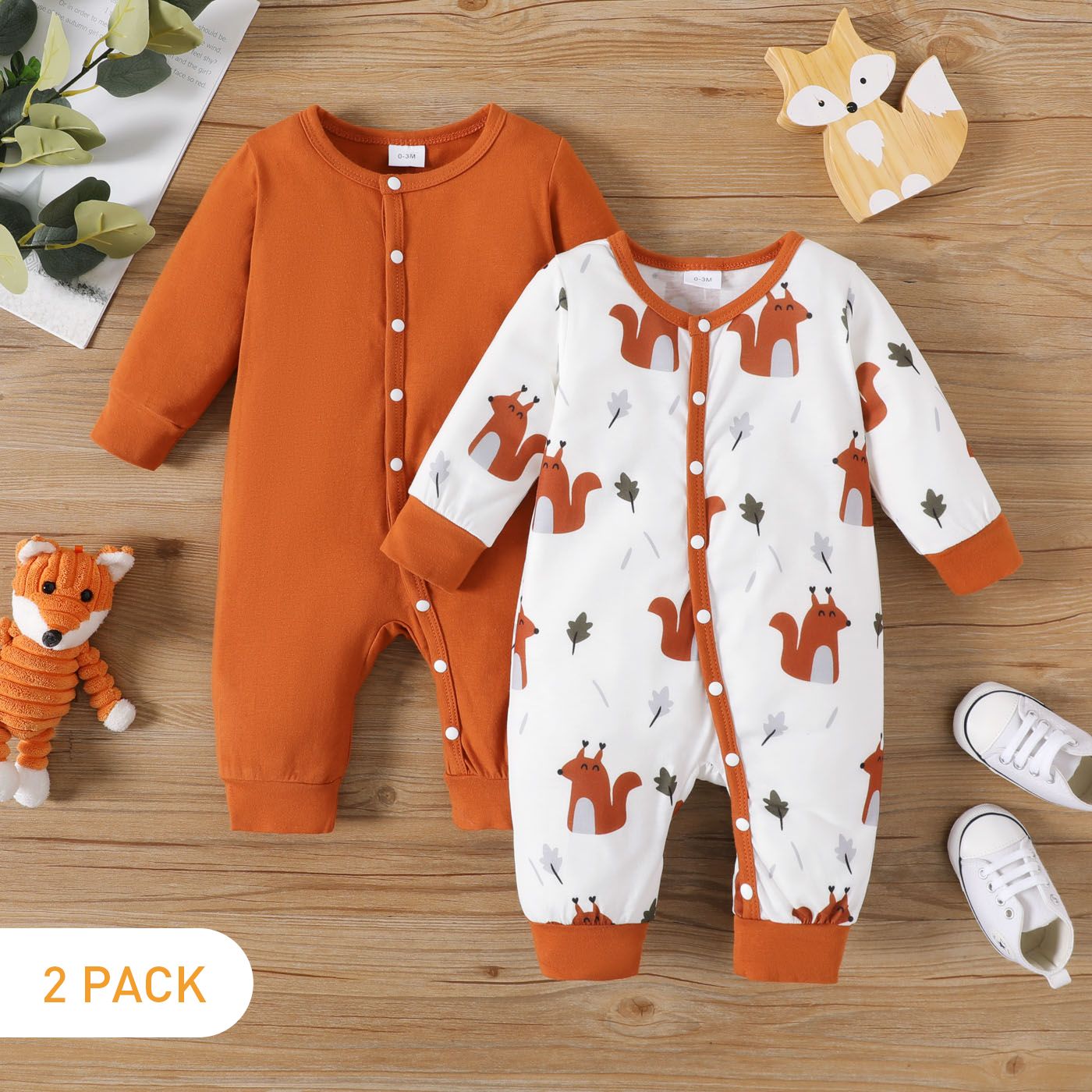 

2-Pack Baby Boy/Girl 95% Cotton Long-sleeve Solid and Allover Animal Print Jumpsuits Set