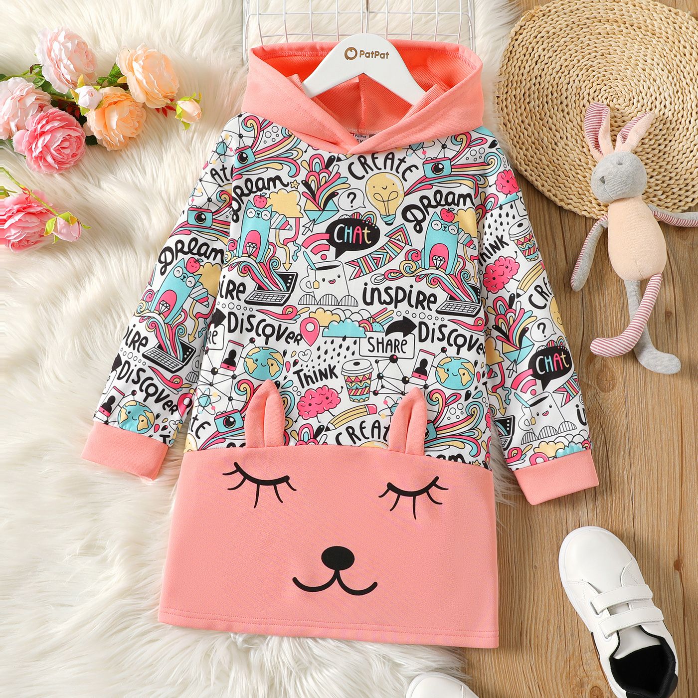 

Kid Girl Allover Print 3D Ear Design Hooded Sweatshirt Dress