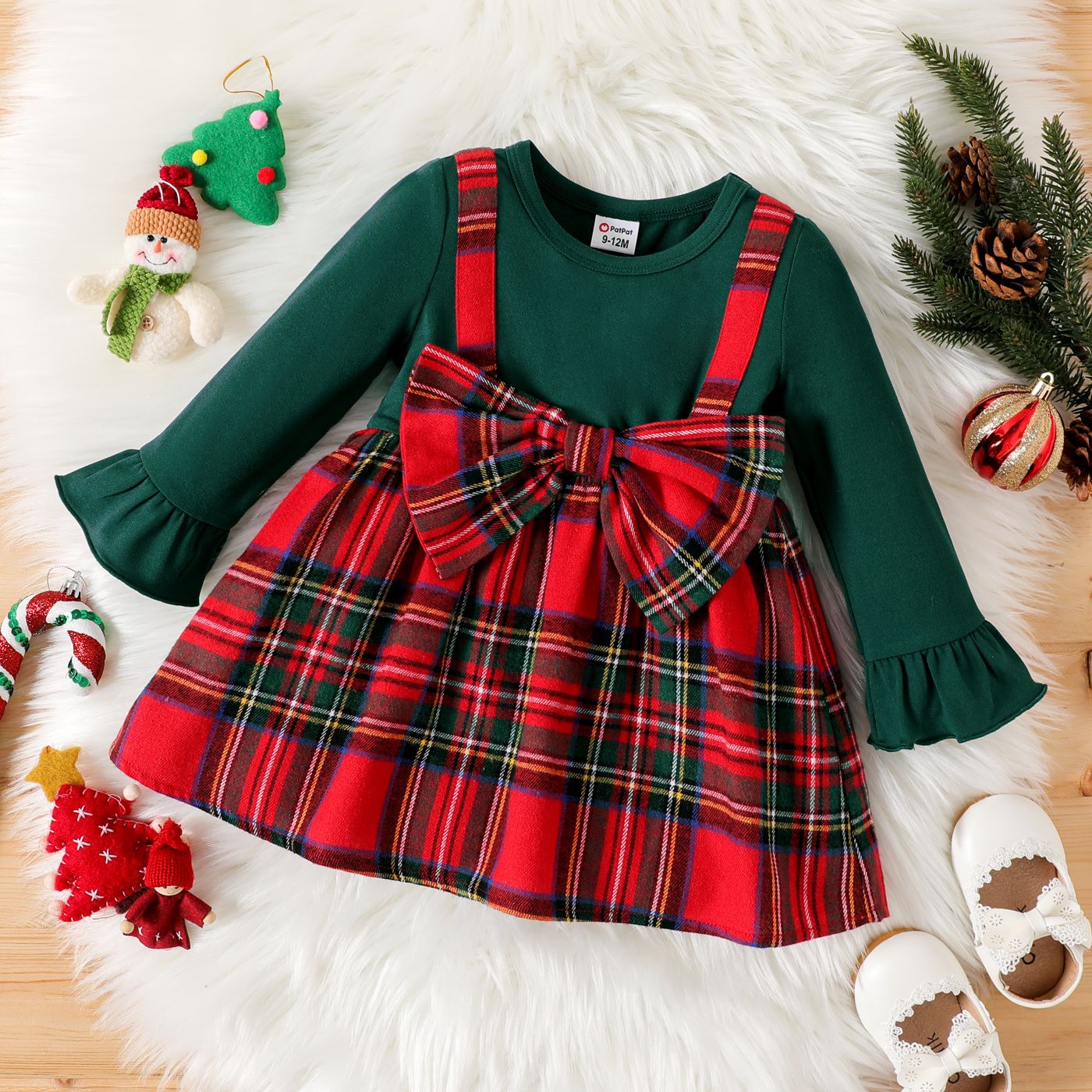 Baby Girl Solid Long-sleeve Spliced Red Plaid Bow Front Dress