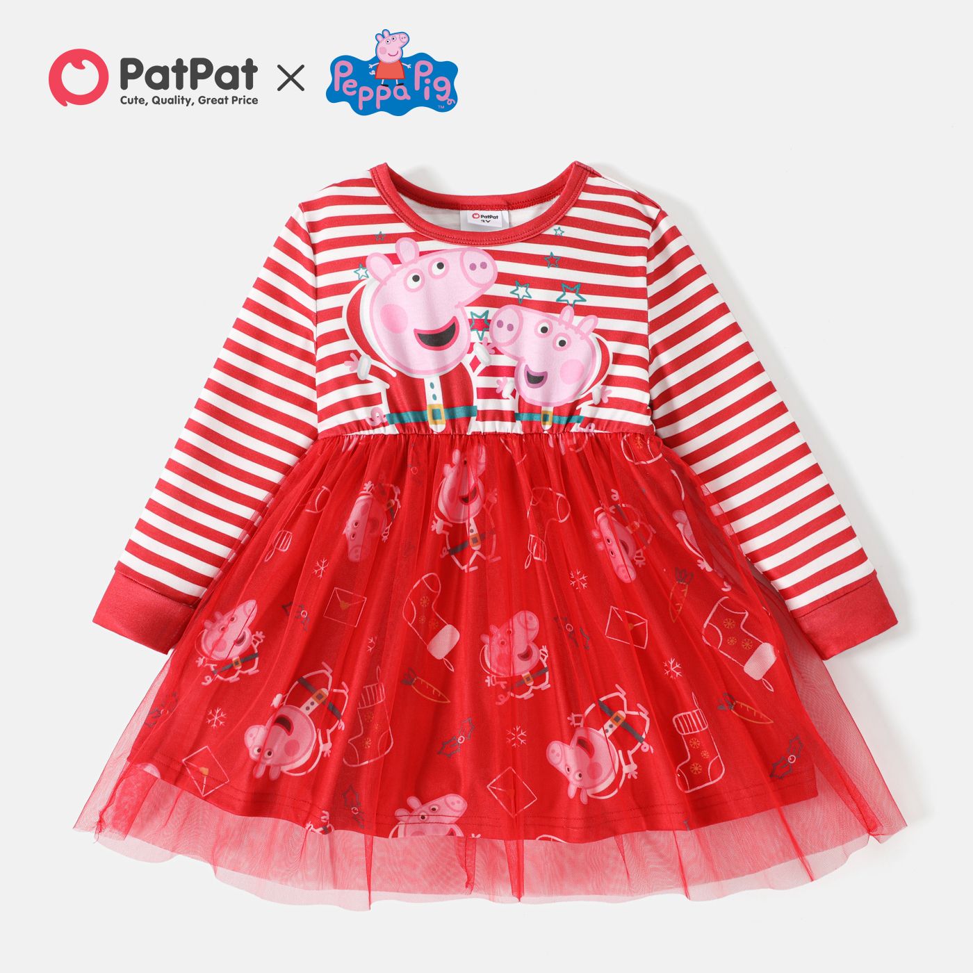 

Peppa Pig Toddler Girl Christmas Striped Mesh Splice Long-sleeve Dress