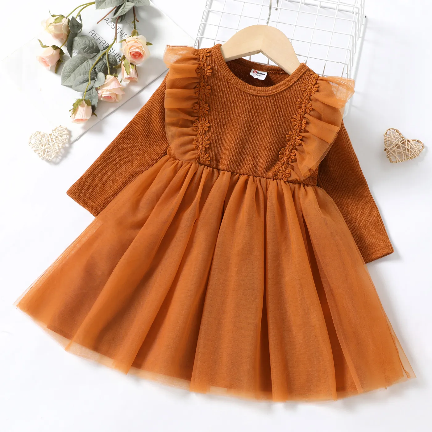 

Toddler Girl Ruffled Lace Mesh Splice Long-sleeve Brown Dress