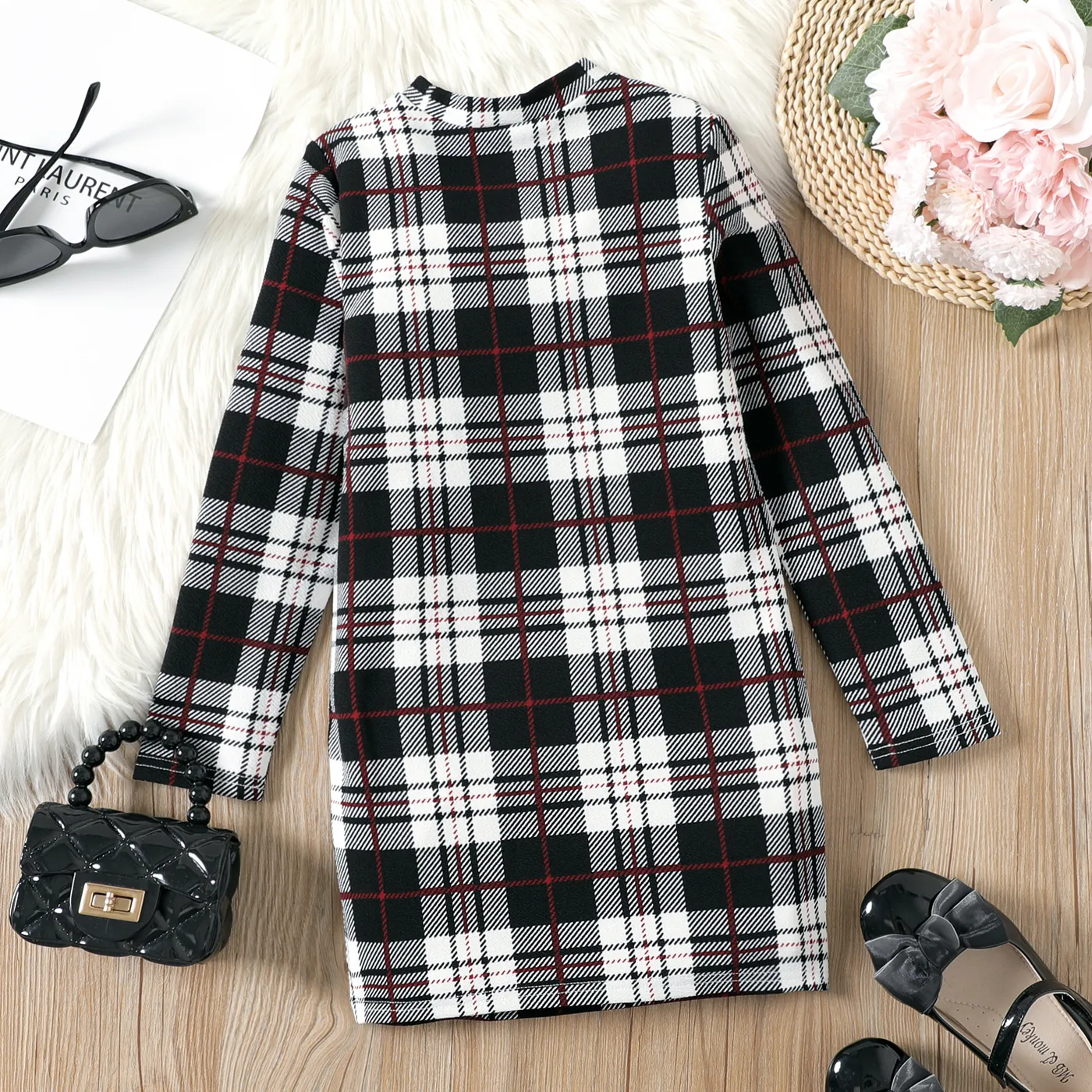 Kid Girl Plaid Stand Collar Long-sleeve Dress BlackandWhite image 5
