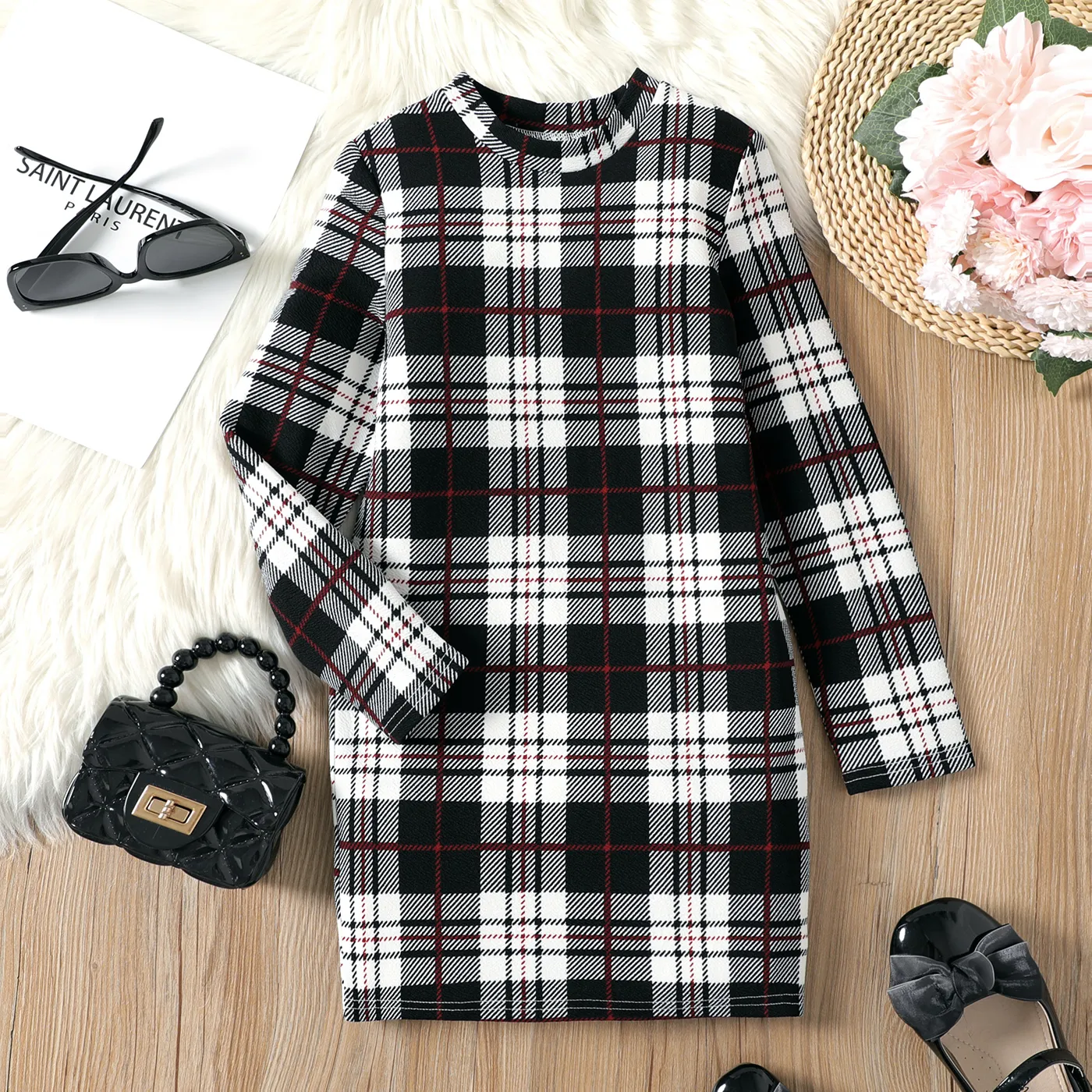 Kid Girl Plaid Stand Collar Long-sleeve Dress BlackandWhite big image 1