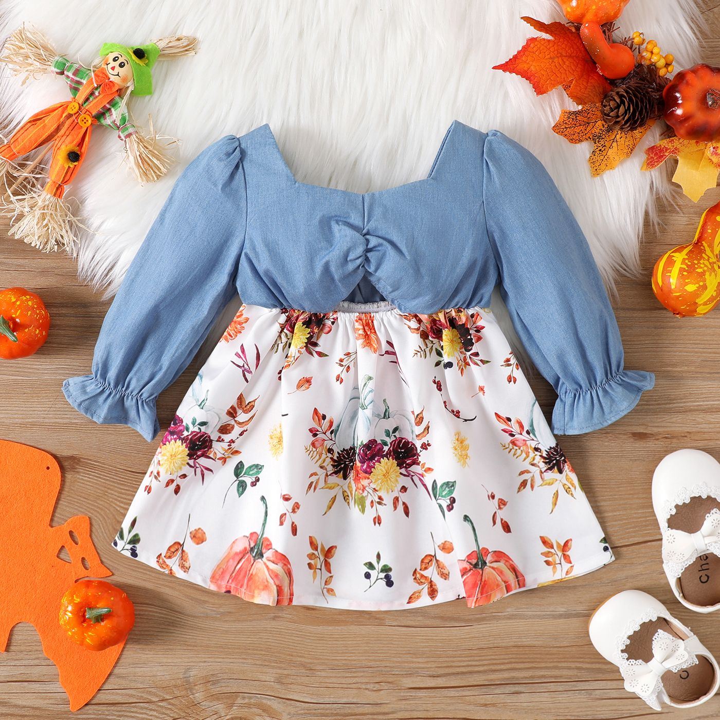 

Baby Girl 100% Cotton Square Neck Long-sleeve Solid Spliced Floral Print Cut Out Dress