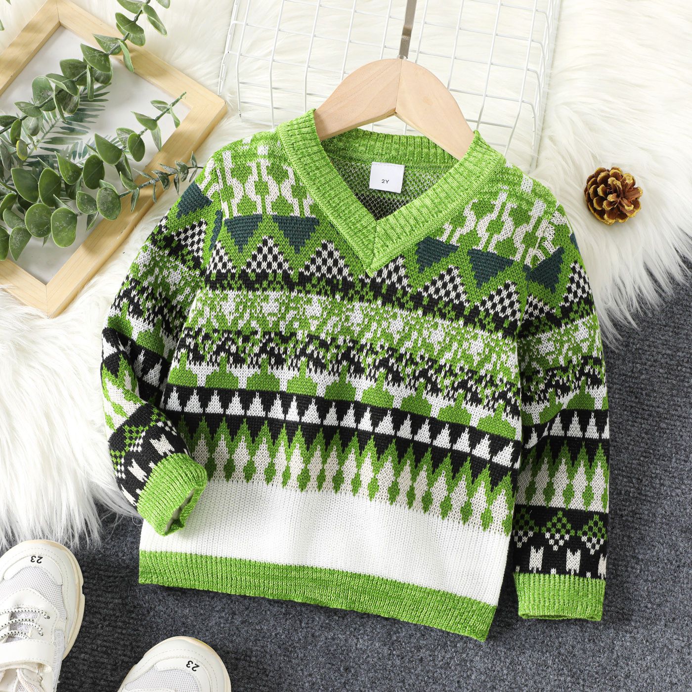 

Toddler Boy/Girl Boho Geo Pattern Green Knit Sweater