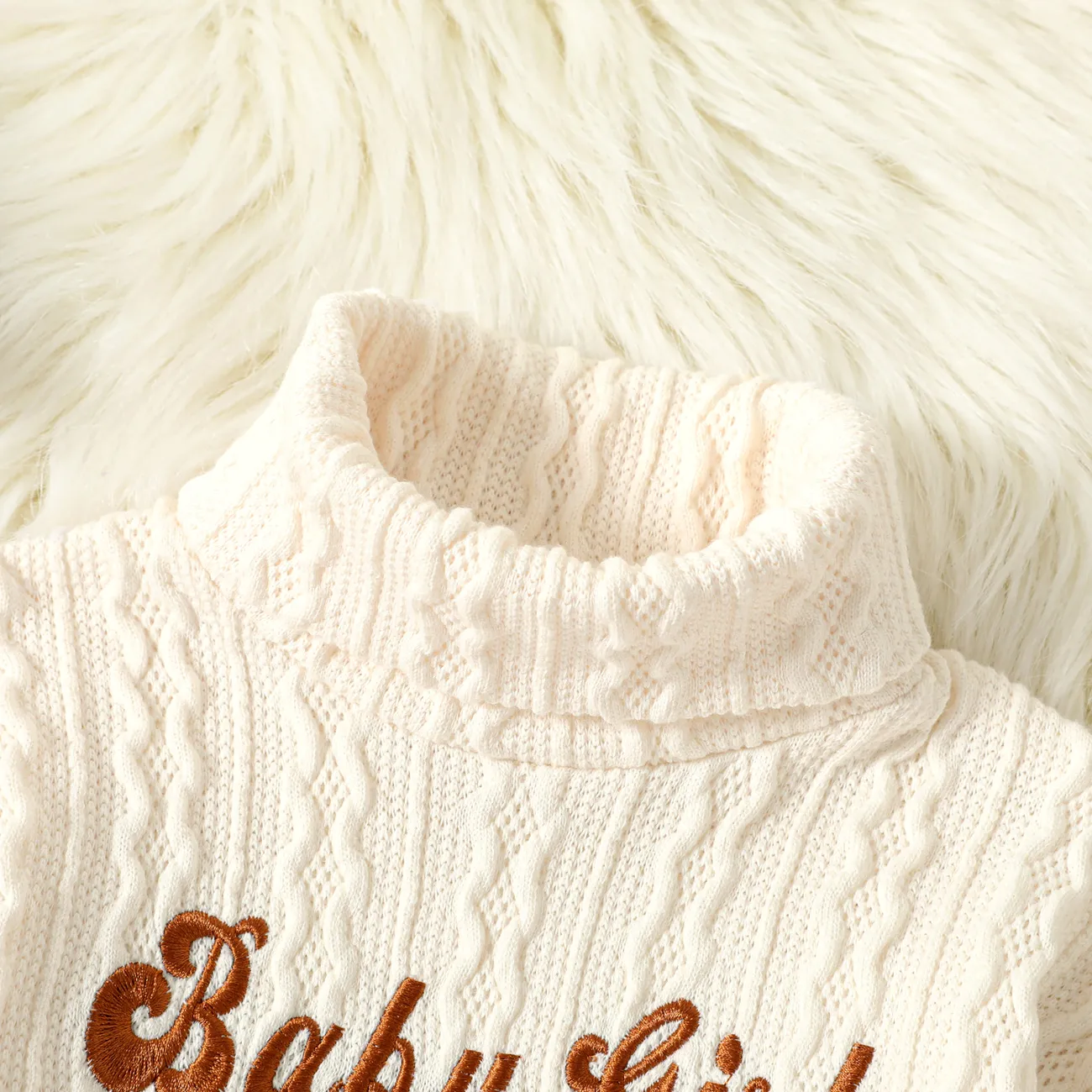 Toddler Girl Letter Embroidered Textured Turtleneck Long-sleeve Sweater Dress Apricot big image 1