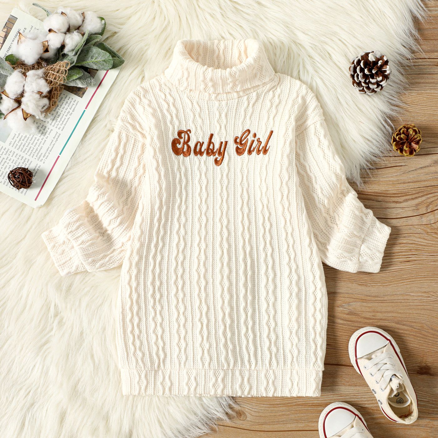 

Toddler Girl Letter Embroidered Textured Turtleneck Long-sleeve Sweater Dress
