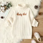 Toddler Girl Letter Embroidered Textured Turtleneck Long-sleeve Sweater Dress Apricot