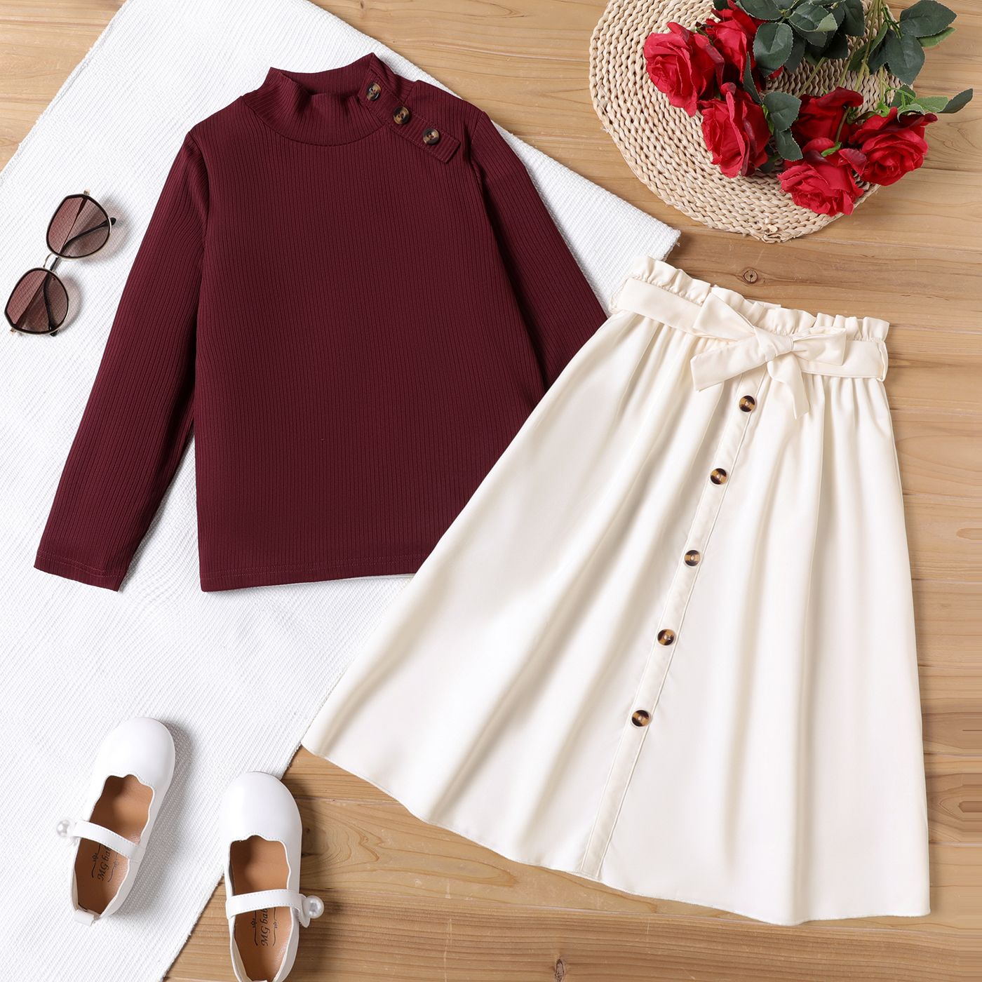 

2pcs Kid Girl Mock Neck Button Design Long-sleeve Tee and Belted Skirt Set