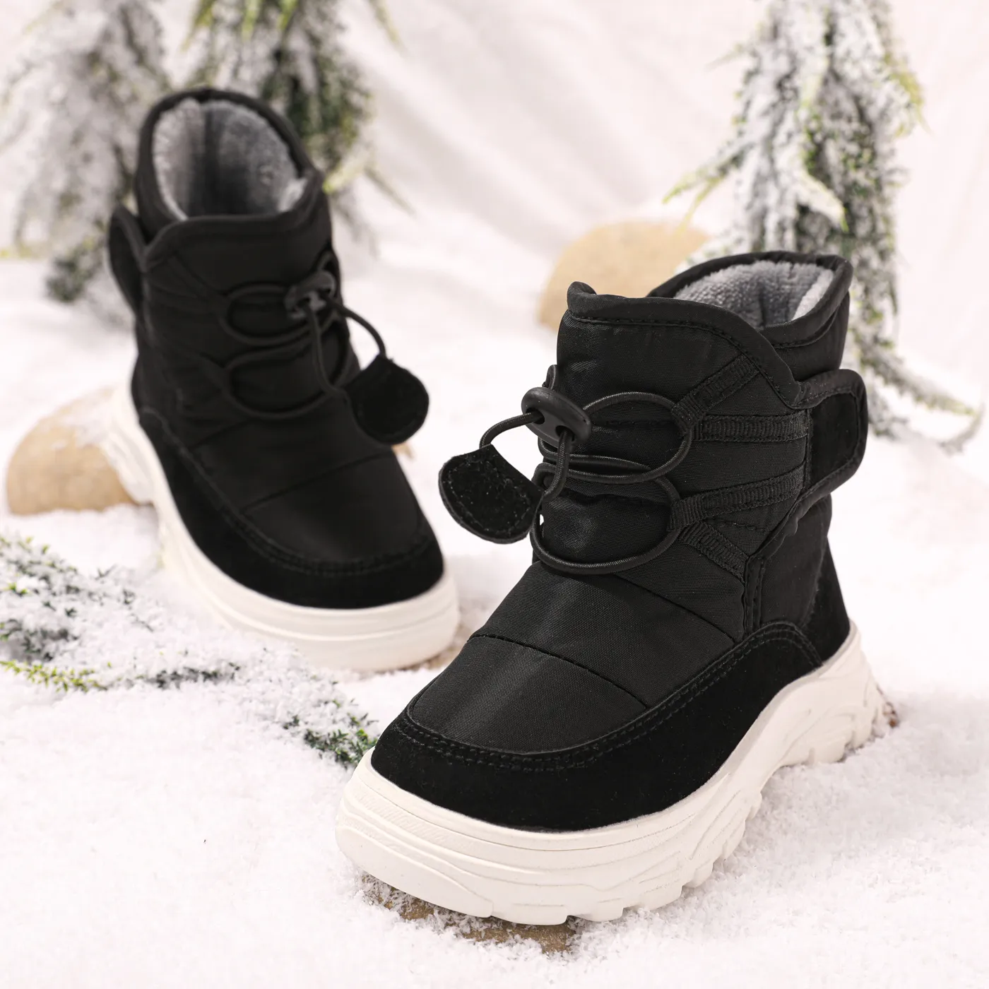 Botas de neve térmicas com cordão à prova d'água com forro de lã para crianças Preto big image 1
