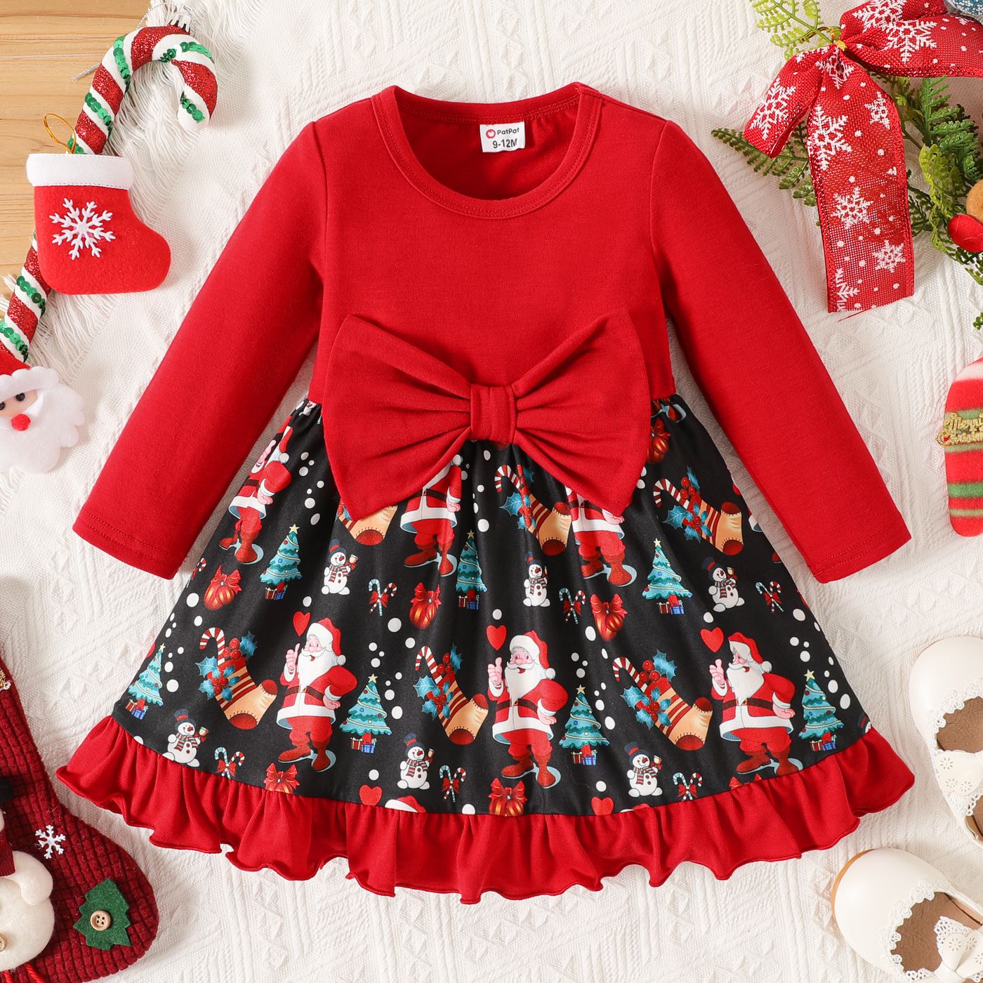 

Christmas Baby Girl Allover Santa Print Bow Front Ruffle Hem Red Long-sleeve Dress