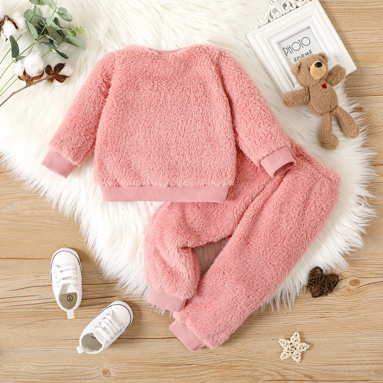 2pcs Baby Boy/Girl Thermal Fuzzy Long-sleeve Pullover and Pants Set Pink big image 1