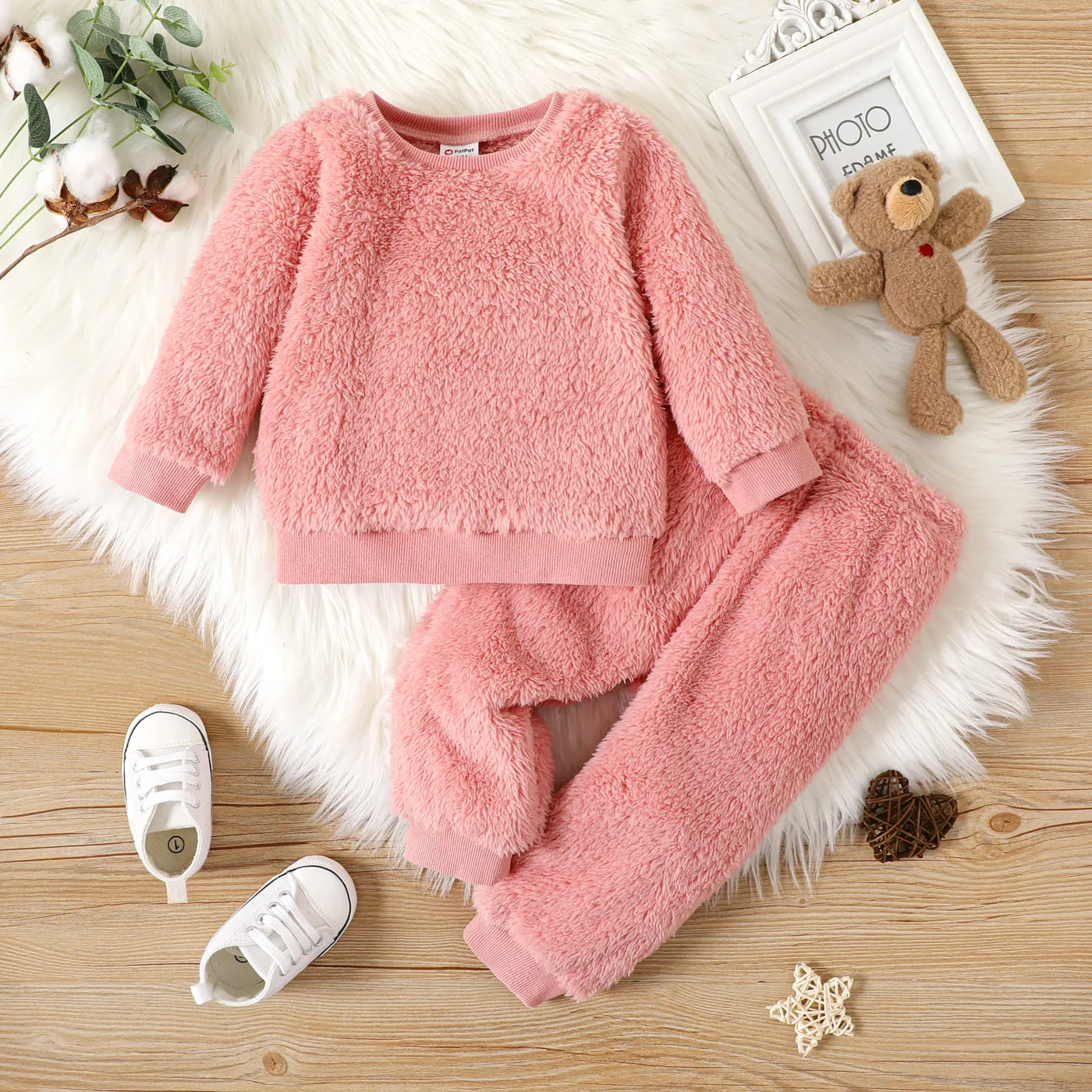 2pcs Baby Boy/Girl Thermal Fuzzy Long-sleeve Pullover and Pants Set  big image 1
