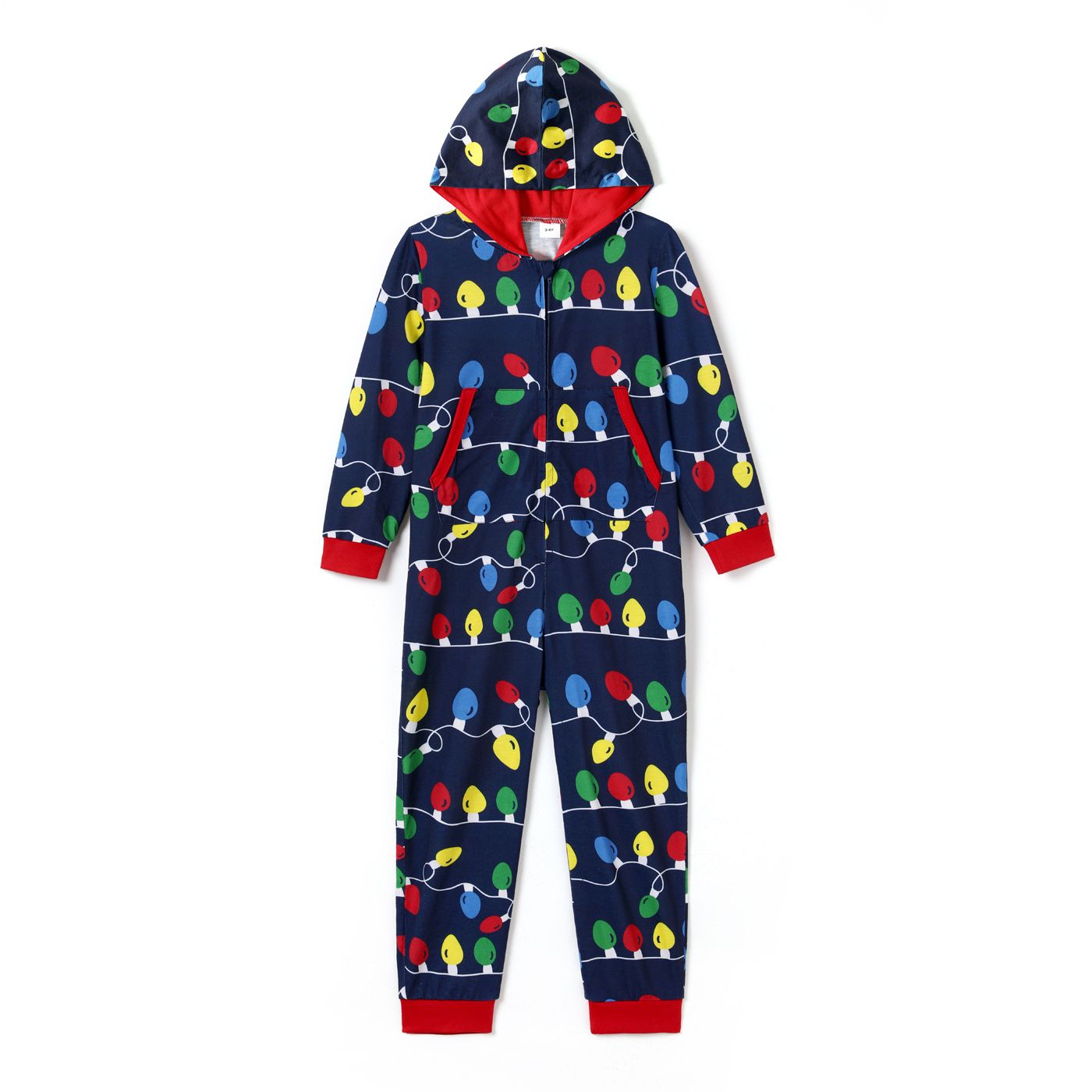 

Christmas Family Matching Allover Colorful String Lights Print Zipper Long-sleeve Hooded Onesies Pajamas (Flame Resistant)