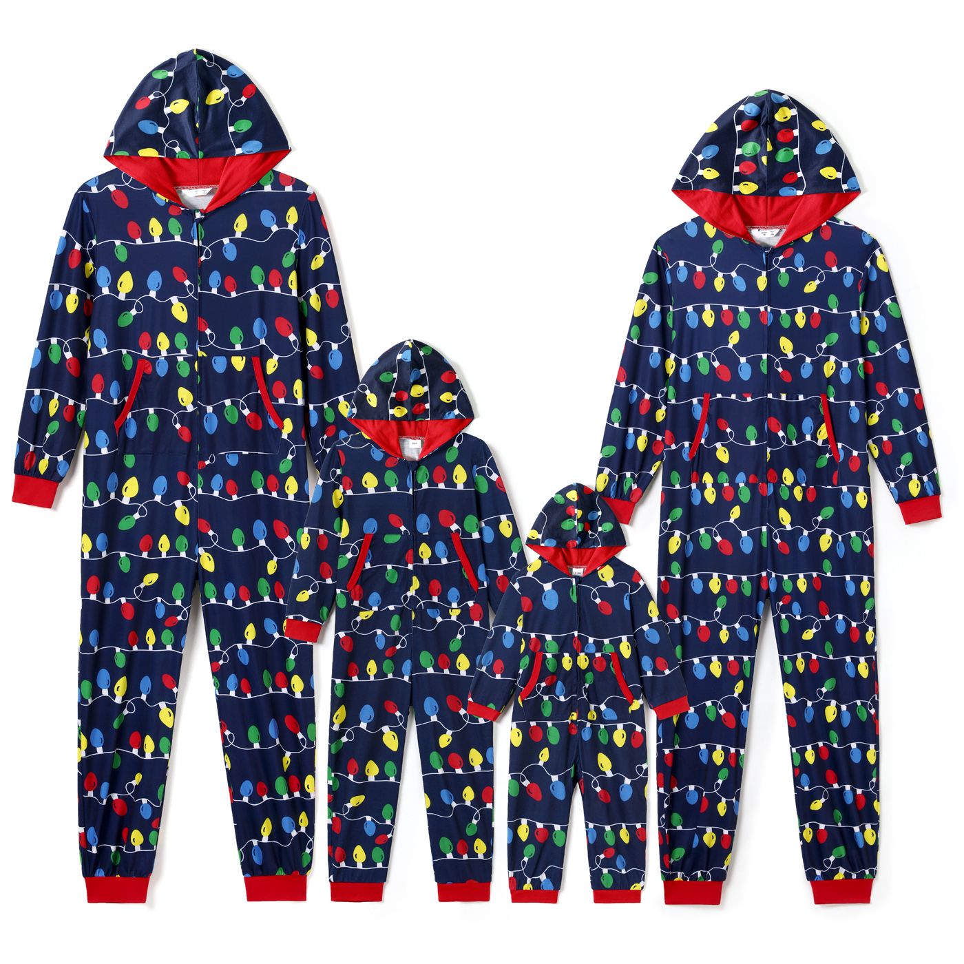 Christmas Family Matching Allover Colorful String Lights Print Zipper Long-sleeve Hooded Onesies Paj