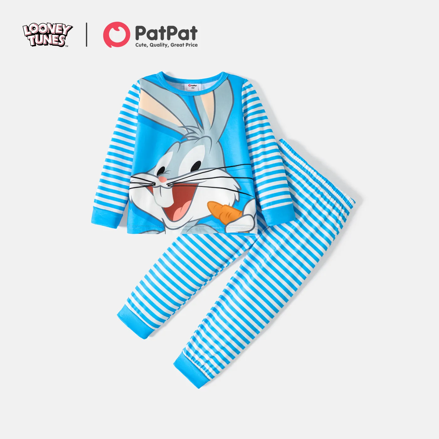Looney Tunes 2pcs Toddler Girl/Boy Striped Long-sleeve Tee and Elasticized Pants Set Sky blue big image 1