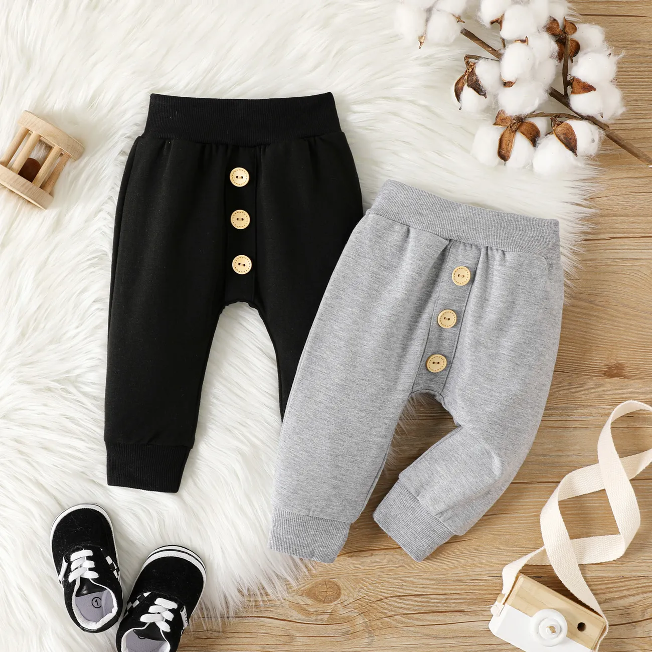 Baby Boy/Girl Button Front Solid Sweatpants Black big image 1