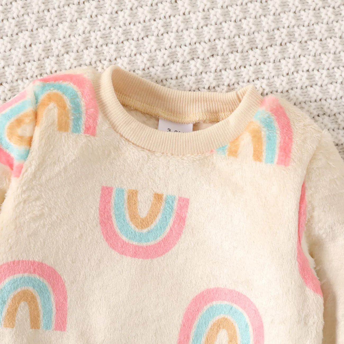 Baby Boy/Girl Allover Rainbow Print Long-sleeve Fuzzy Sweatshirt Beige big image 1