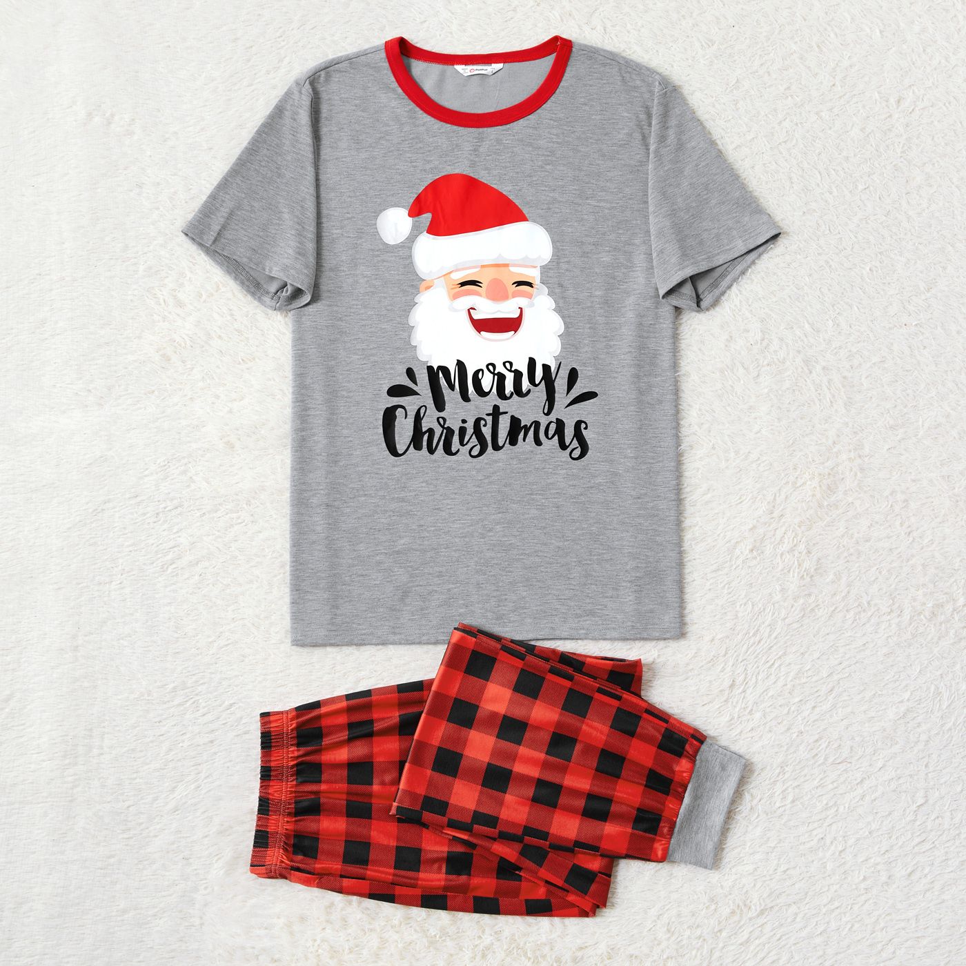 Christmas Family Matching Santa & Letter Print Short-sleeve Red Plaid Pajamas Sets (Flame Resistant)