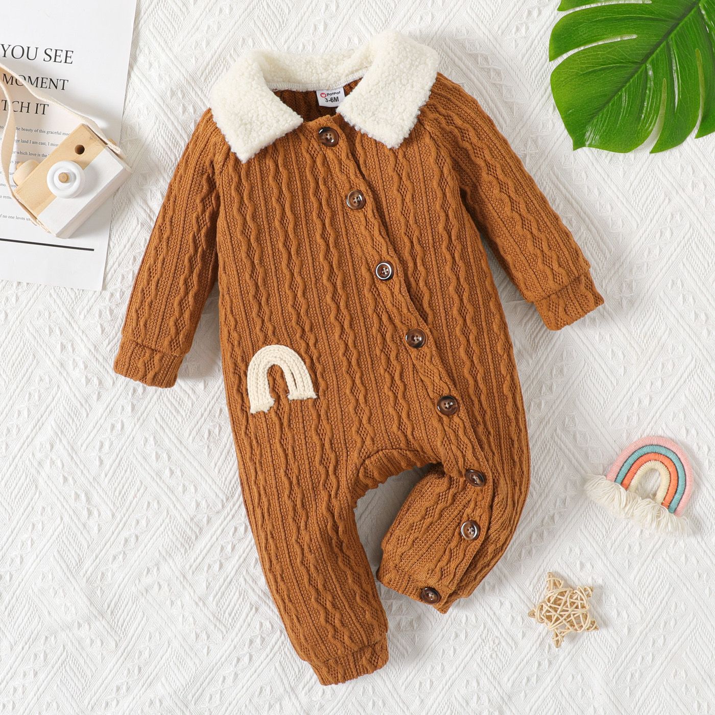 

Baby Boy Rainbow Detail Sherpa Fleece Collar Spliced Long-sleeve Button Front Cable Knit Jumpsuit