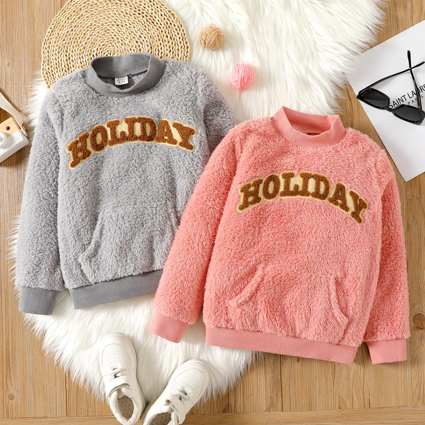 Kid Boy/Kid Girl Letter Embroidered Stand Collar Fleece Sweatshirt