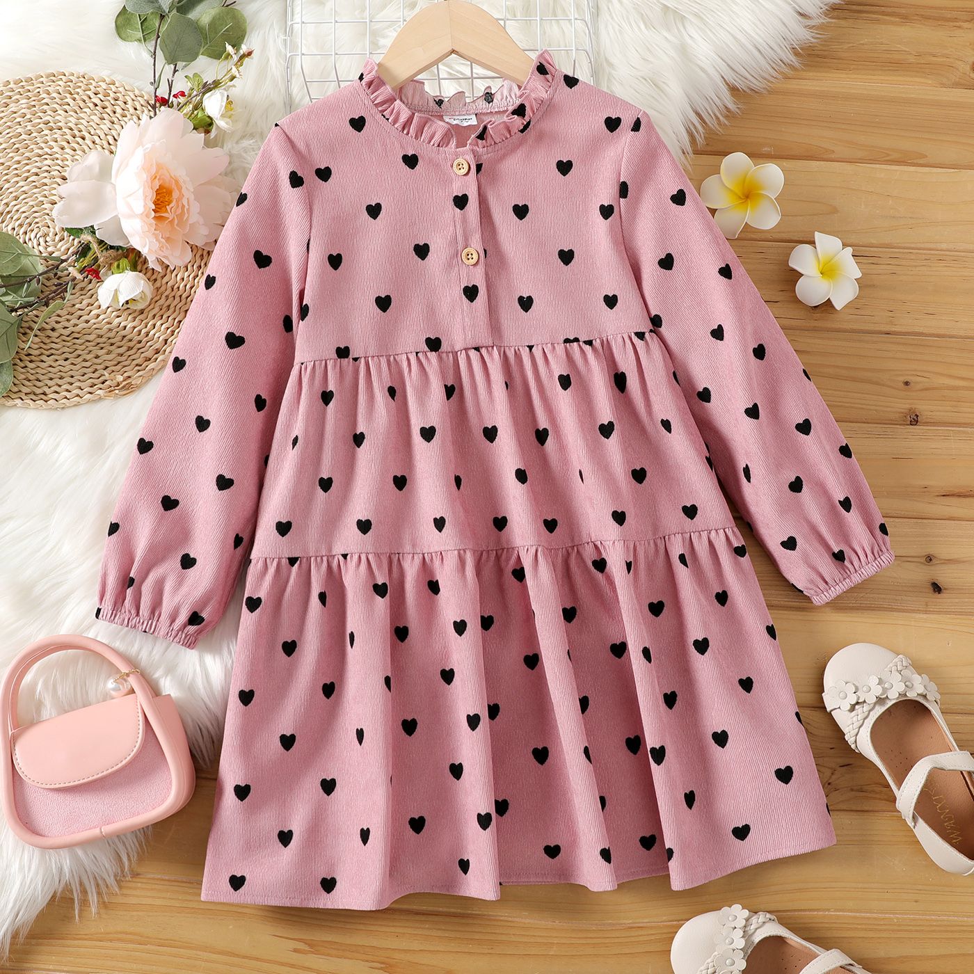 

Kid Girl Heart Print Ruffle Collar Long-sleeve Pink Dress