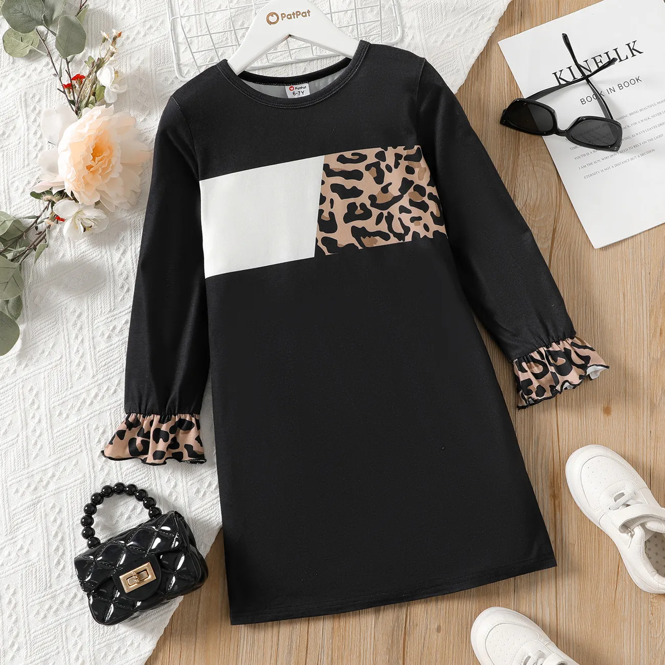 Kid Girl Leopard Print Colorblock Long-sleeve Dress  big image 1