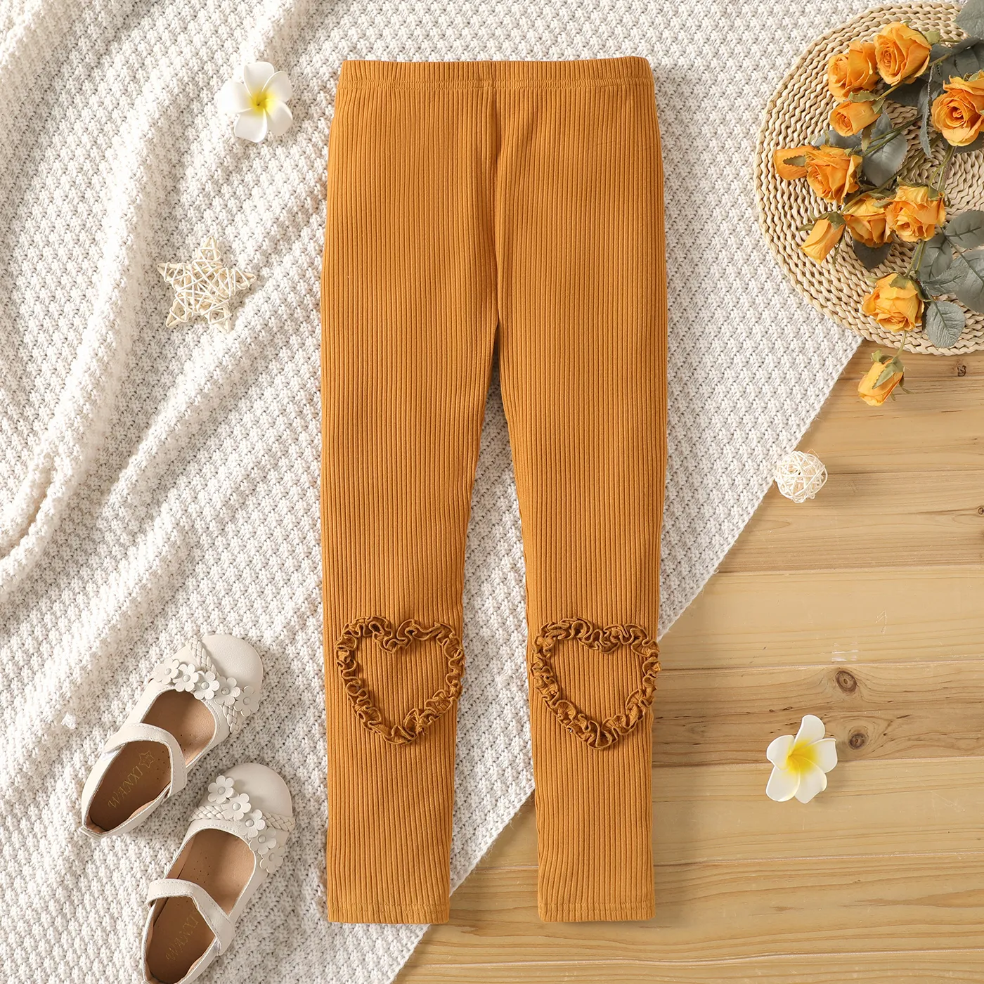 Kid Girl Heart Embroidered Ribbed Cotton Elasticized Leggings  big image 1