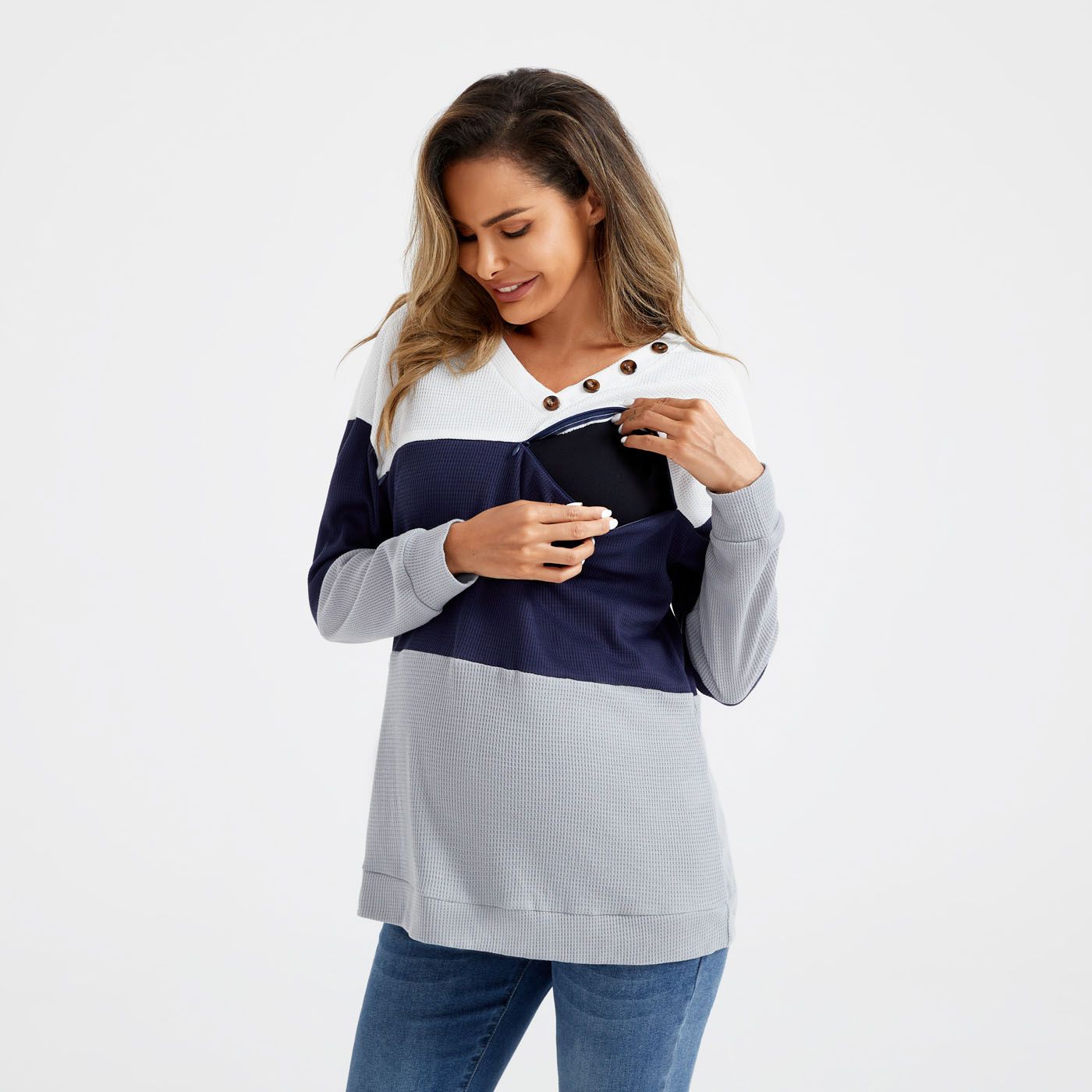 

Nursing Button Decor Color Block Waffle Pullover