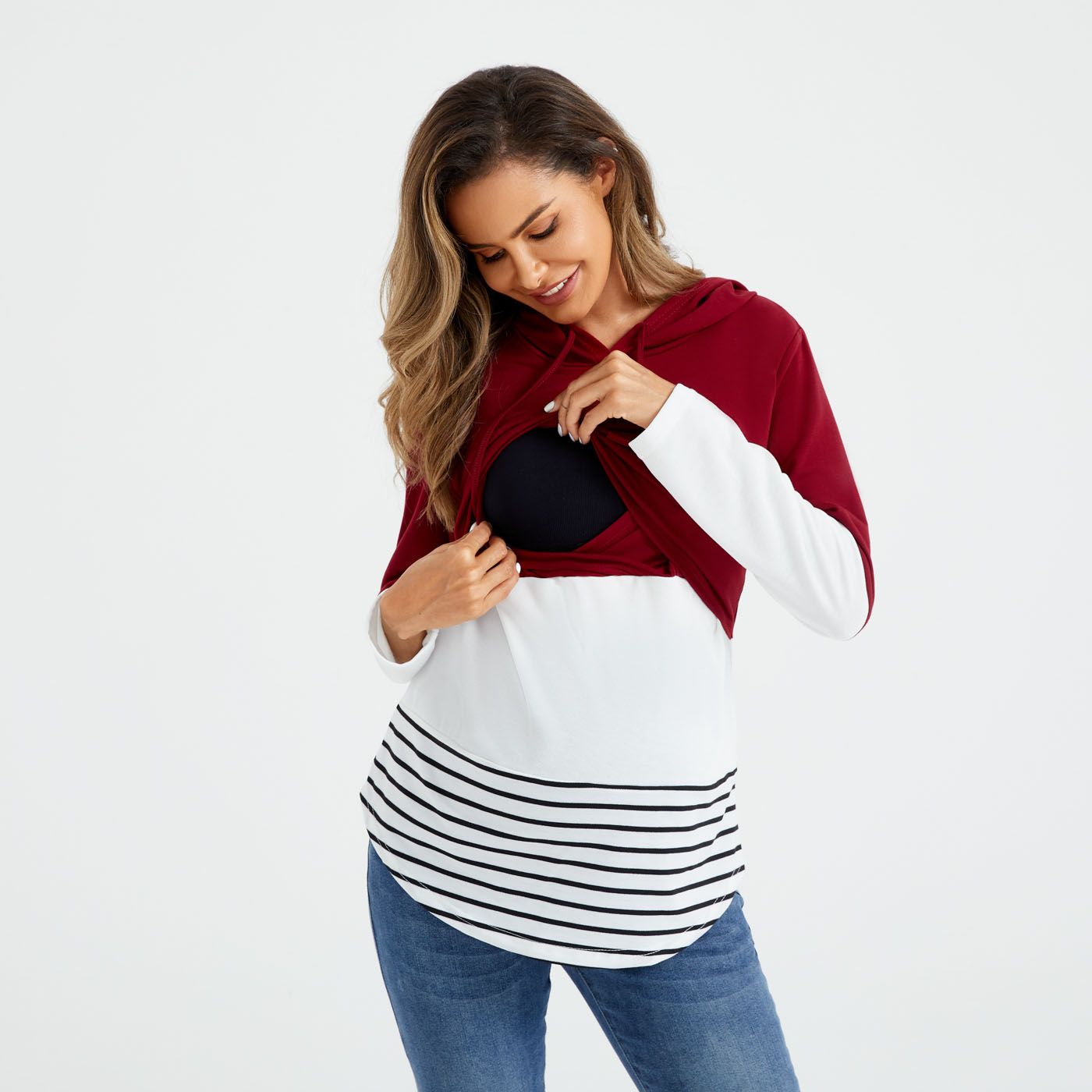 

Nursing Color Block Striped Long-sleeve Drawstring Hooded Sweatshirt