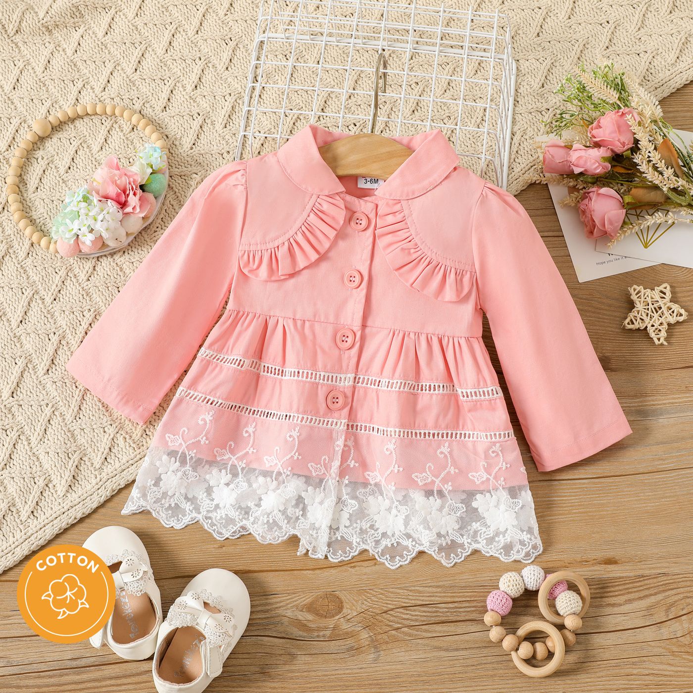 

100% Cotton Baby Girl Lace Spliced Ruffle Trim Long-sleeve Single Breasted Coat