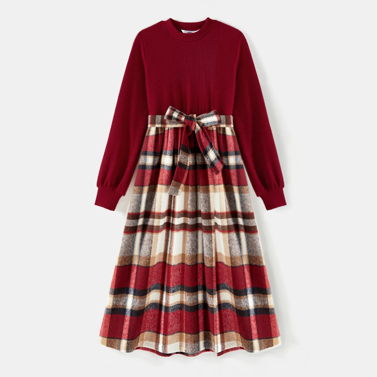 Family Matching Solid Ribbed Spliced Plaid Belted Dresses and Long-sleeve Button Up Shirts Sets MAROON big image 1
