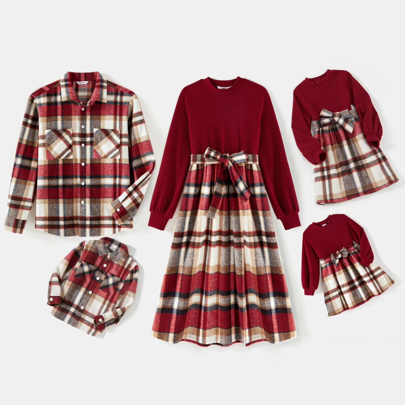 Family Matching Solid Ribbed Spliced Plaid Belted Dresses and Long-sleeve Button Up Shirts Sets MAROON big image 1