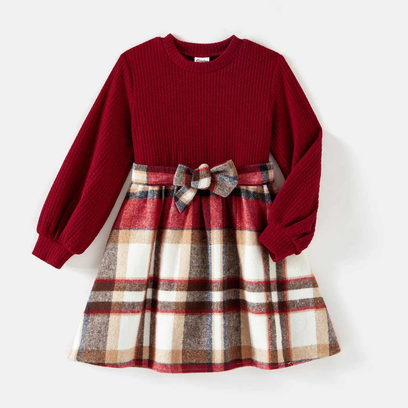 Family Matching Solid Ribbed Spliced Plaid Belted Dresses and Long-sleeve Button Up Shirts Sets MAROON big image 1