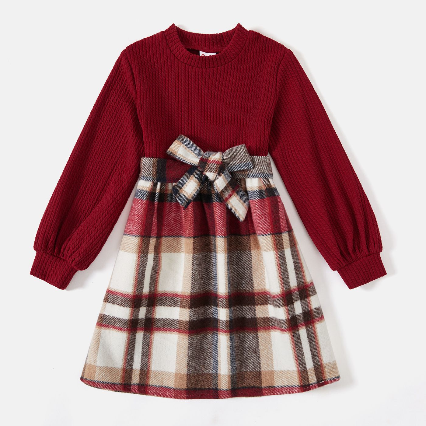 Family Matching Solid Ribbed Spliced Plaid Belted Dresses and Long-sleeve Button Up Shirts Sets