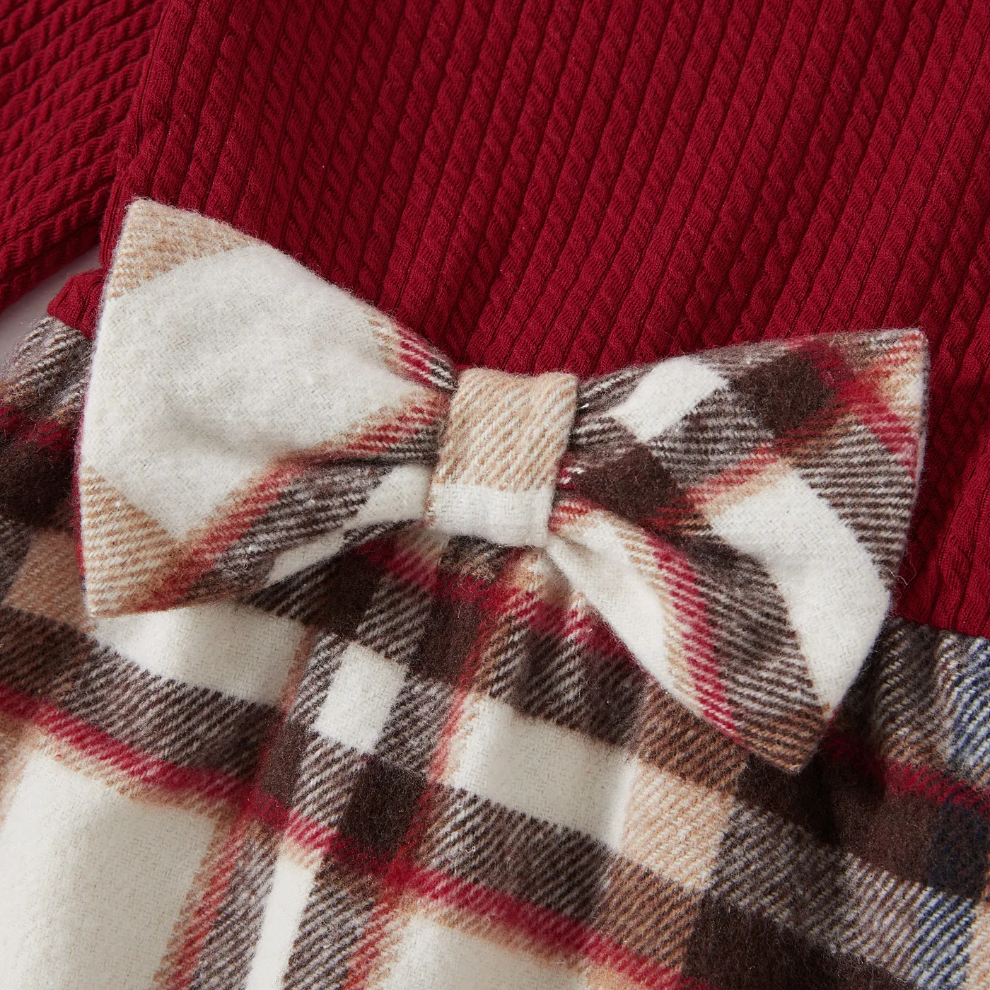 Family Matching Solid Ribbed Spliced Plaid Belted Dresses and Long-sleeve Button Up Shirts Sets MAROON image 4