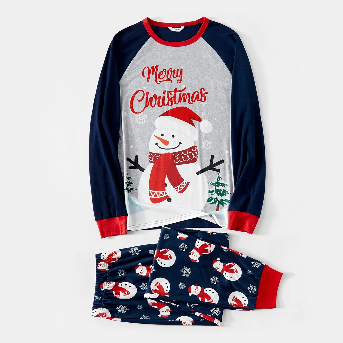 Christmas Snowman & Letter Print Family Matching Raglan-sleeve Pajamas Sets (Flame Resistant) ColorBlock big image 1