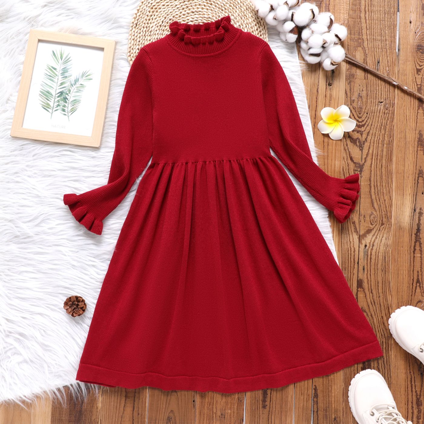 

Kid Girl Solid Color Ruffle Collar Long-sleeve Knit Dress