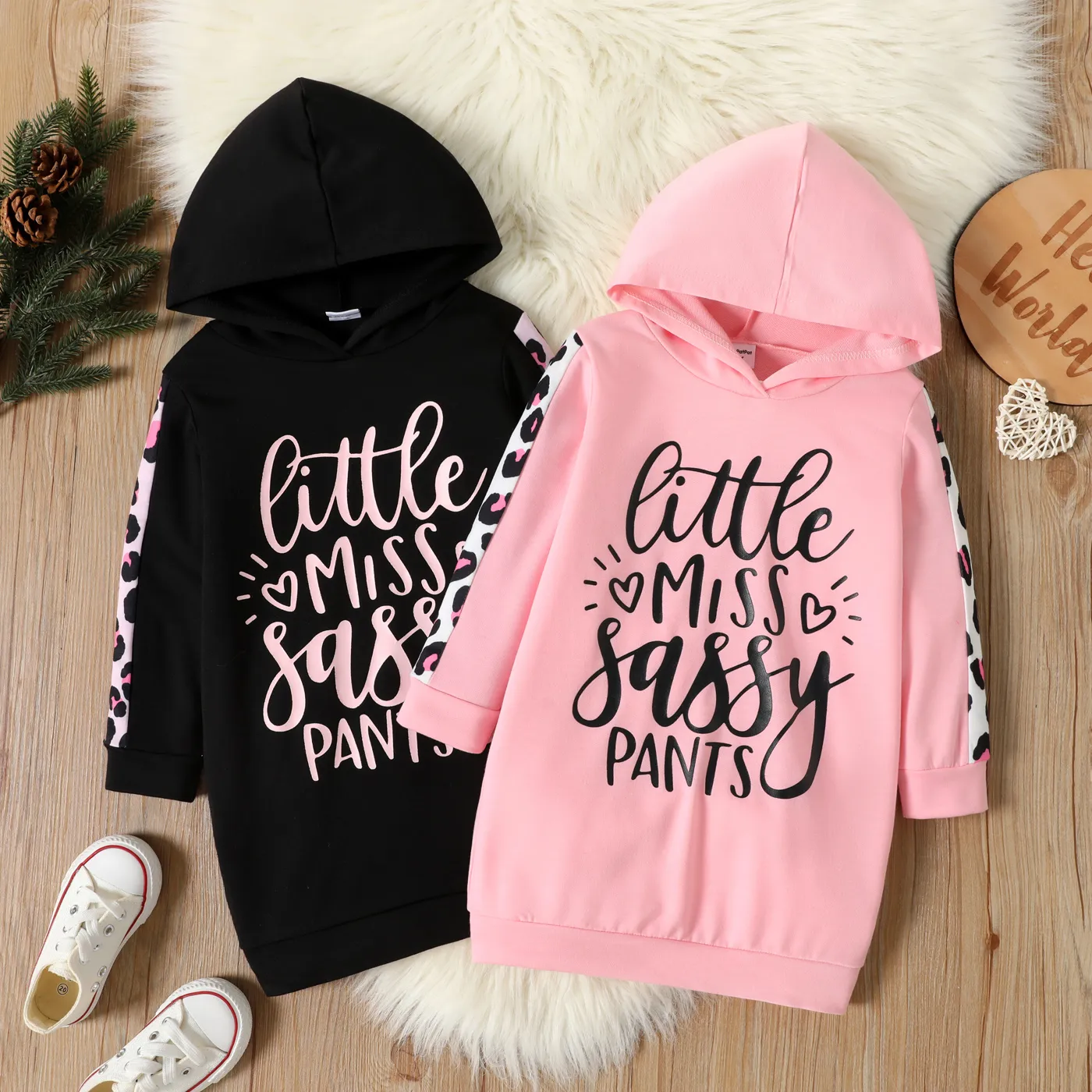 Toddler Girl Letter Leopard Print Black Long-sleeve Hooded Sweatshirt Dress