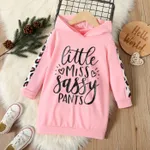 Toddler Girl Letter Leopard Print Black Long-sleeve Hooded Sweatshirt Dress Pink